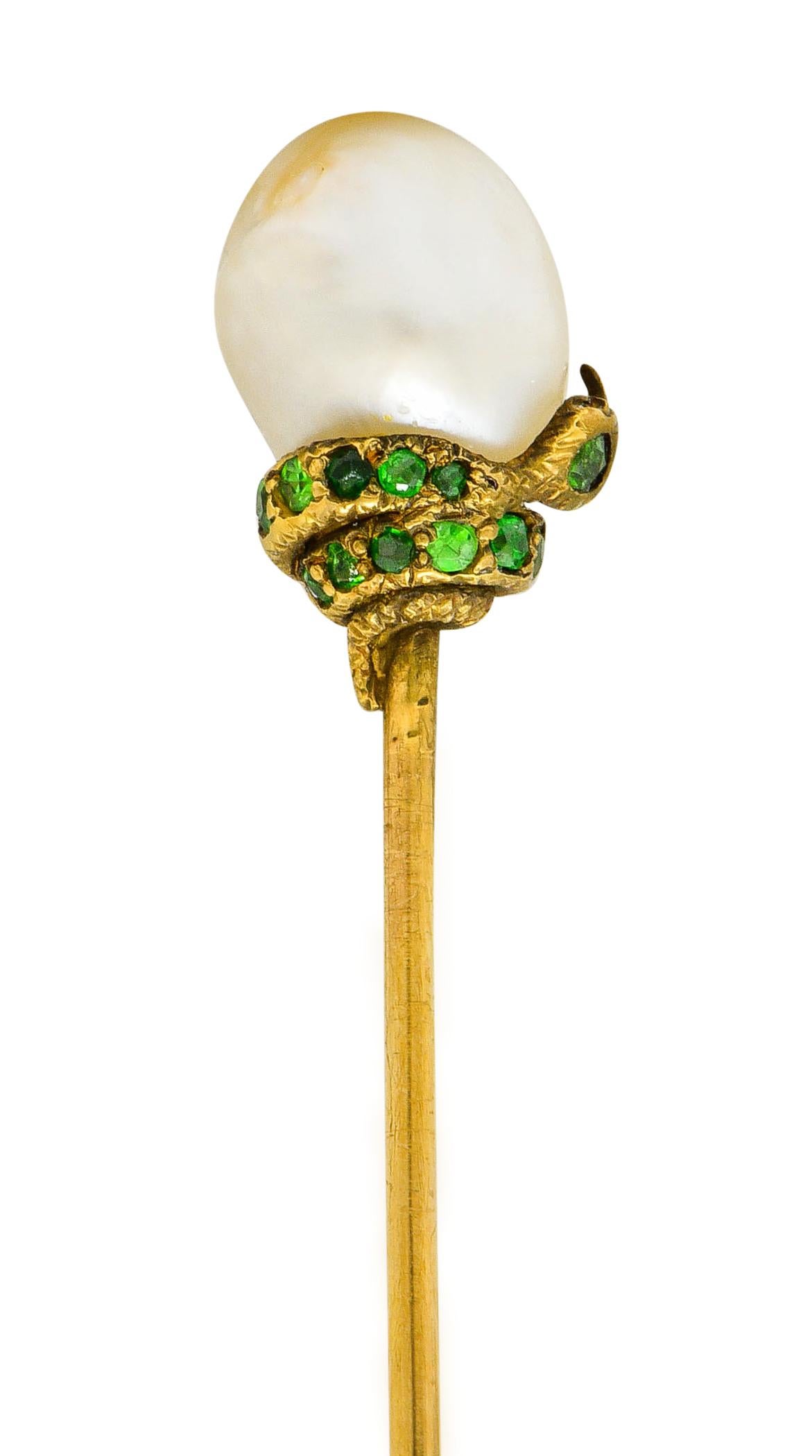 Tiffany & Co. Victorian Pearl Demantoid Garnet 14 Karat Gold Snake Stickpin In Excellent Condition In Philadelphia, PA