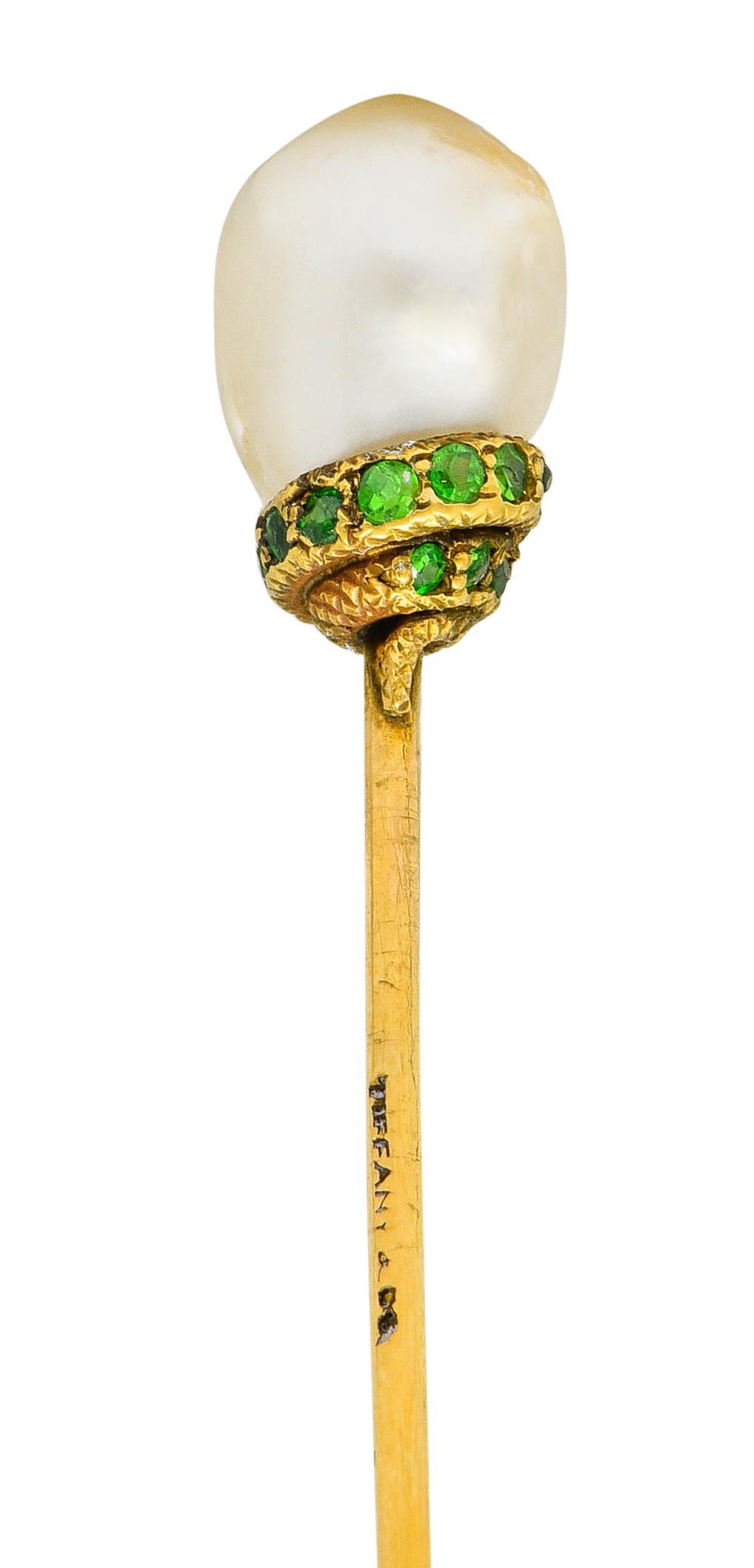 Women's or Men's Tiffany & Co. Victorian Pearl Demantoid Garnet 14 Karat Gold Snake Stickpin