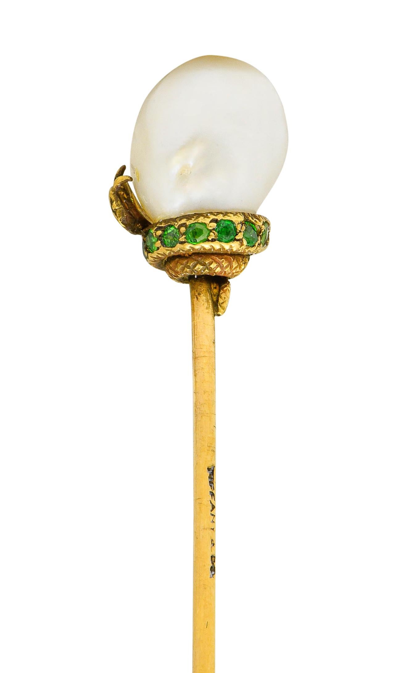 Tiffany & Co. Victorian Pearl Demantoid Garnet 14 Karat Gold Snake Stickpin 1
