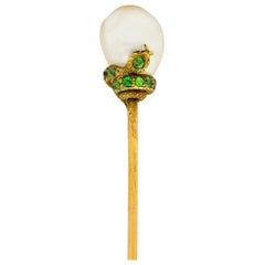 Tiffany & Co. Victorian Pearl Demantoid Garnet 14 Karat Gold Snake Stickpin