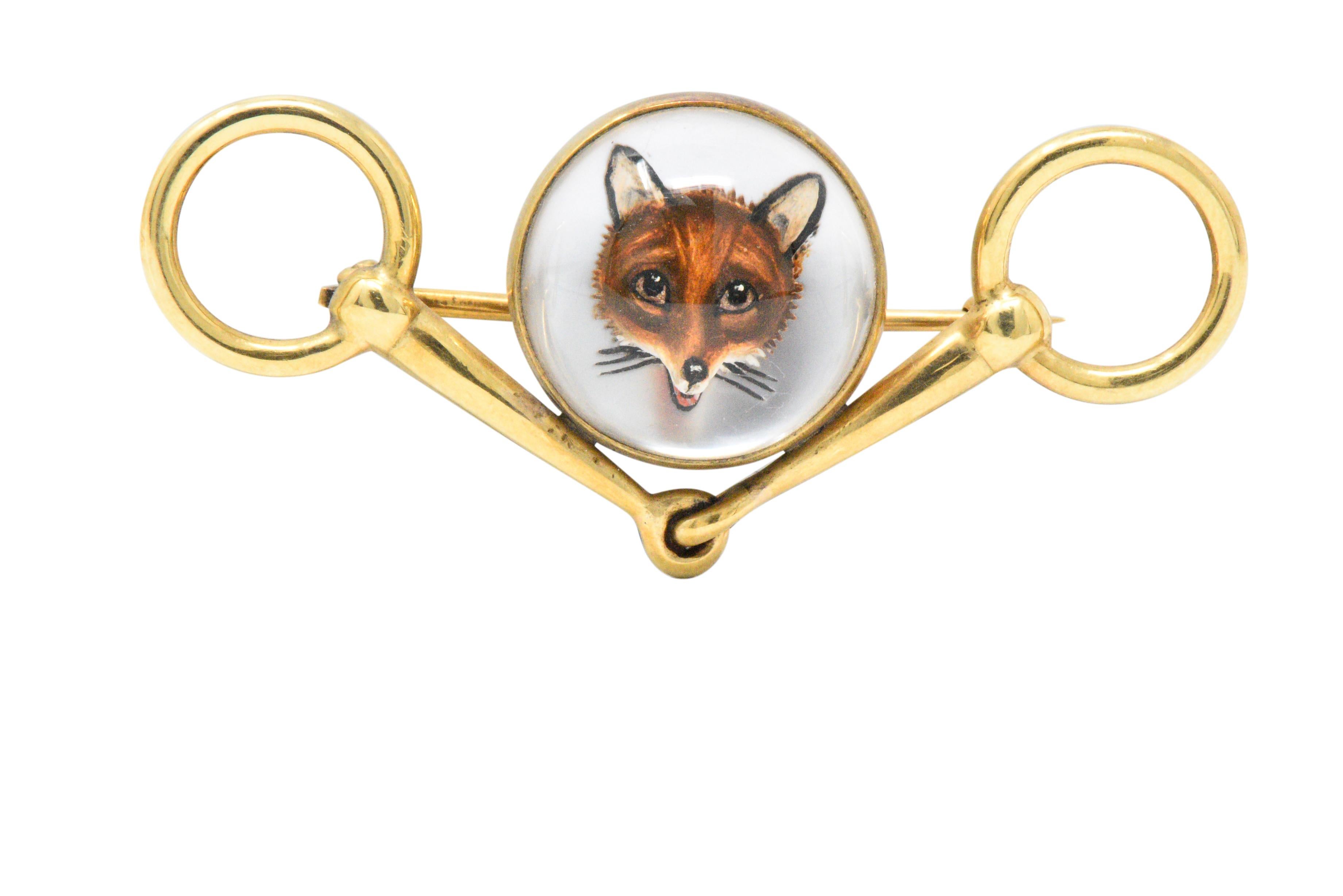 Tiffany & Co. Victorian Reverse Painted Carved Crystal Mother Pearl Fox Brooch In Good Condition In Philadelphia, PA
