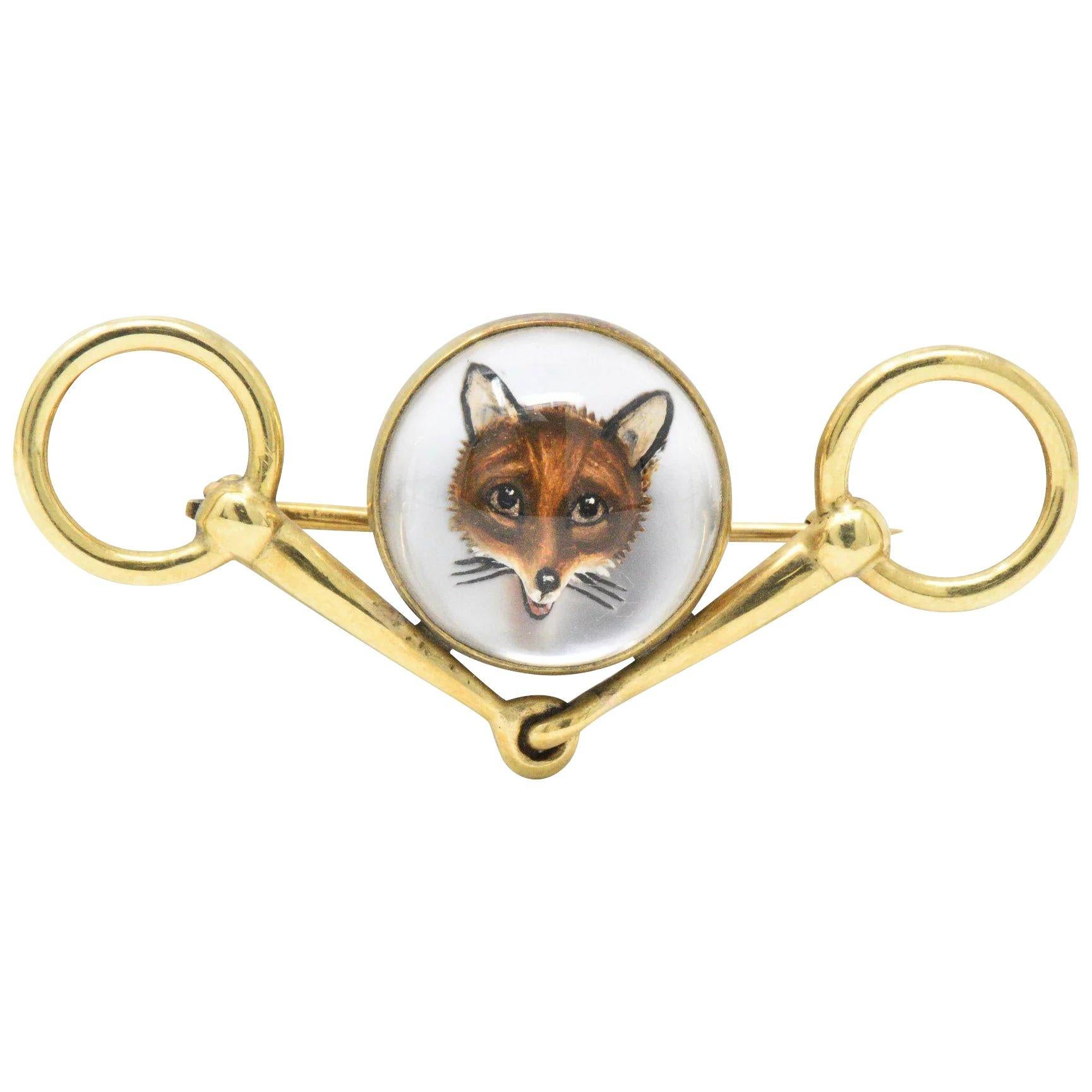 Tiffany & Co. Victorian Reverse Painted Carved Crystal Mother Pearl Fox Brooch
