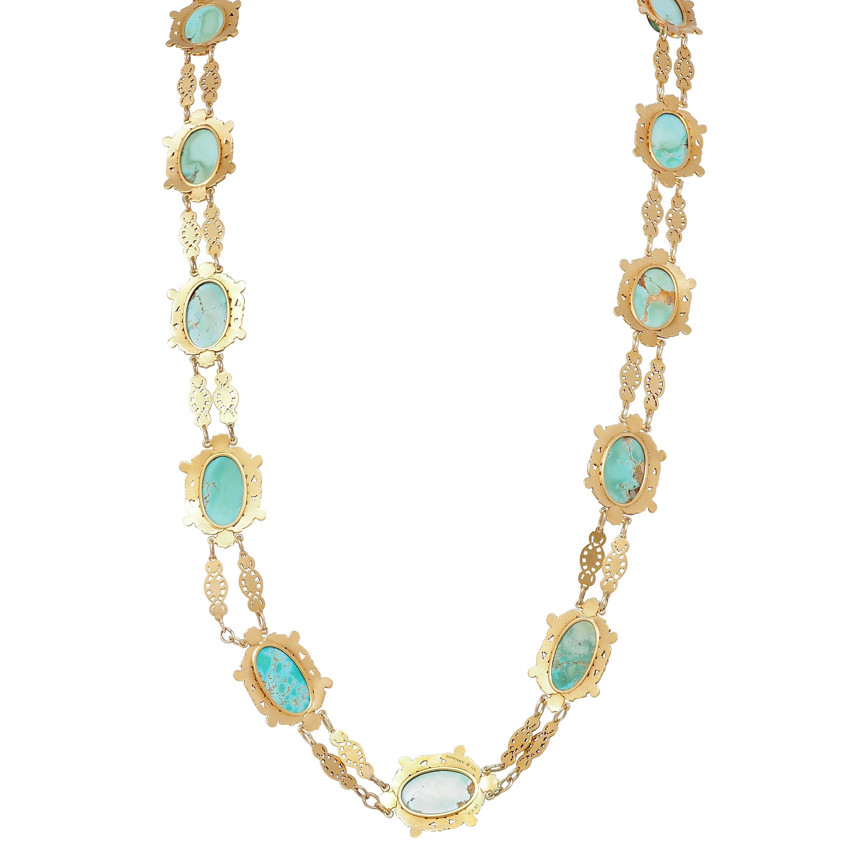Tiffany & Co. Victorian Turquoise 18 Karat Yellow Gold Antique Floral Necklace 4