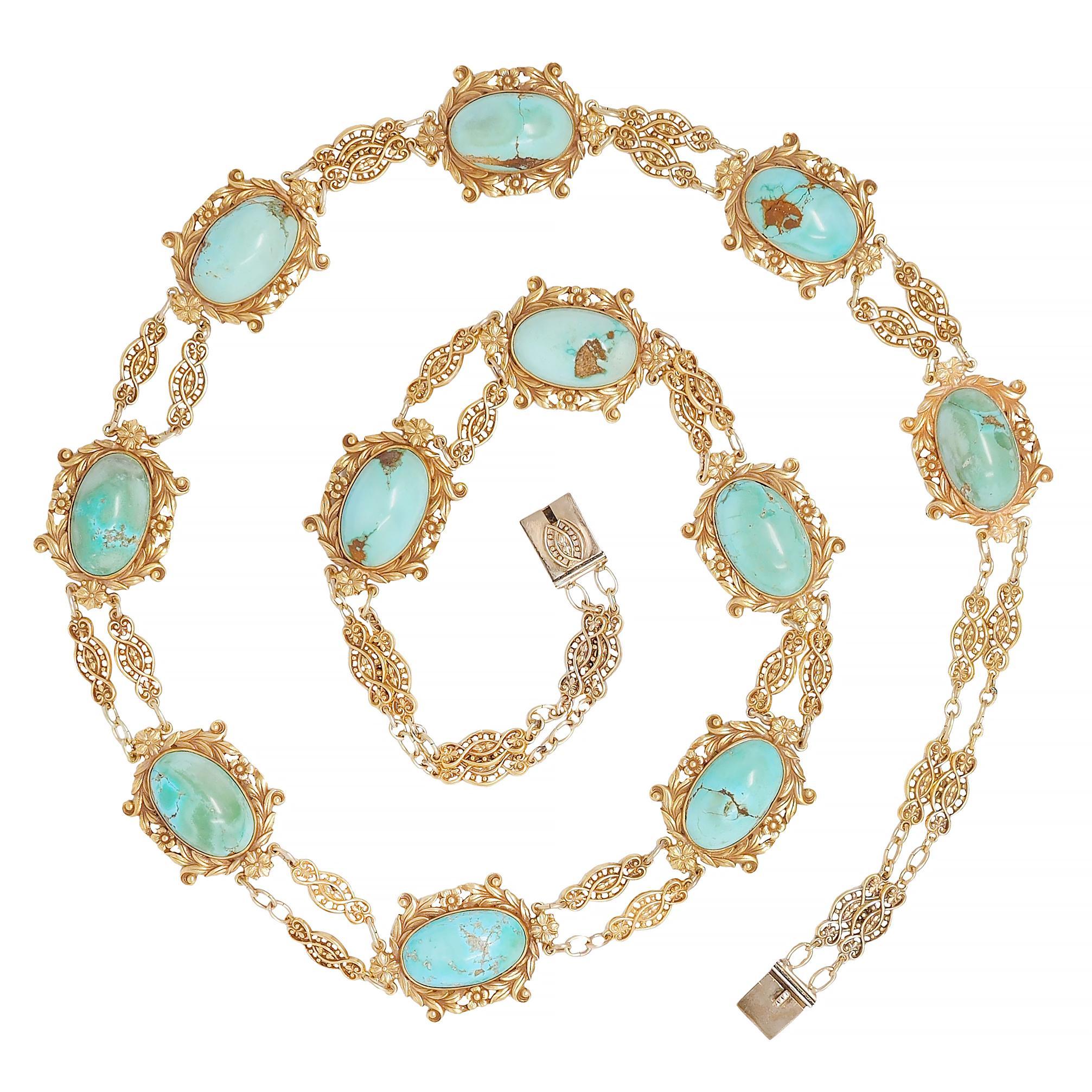 Late Victorian Tiffany & Co. Victorian Turquoise 18 Karat Yellow Gold Antique Floral Necklace