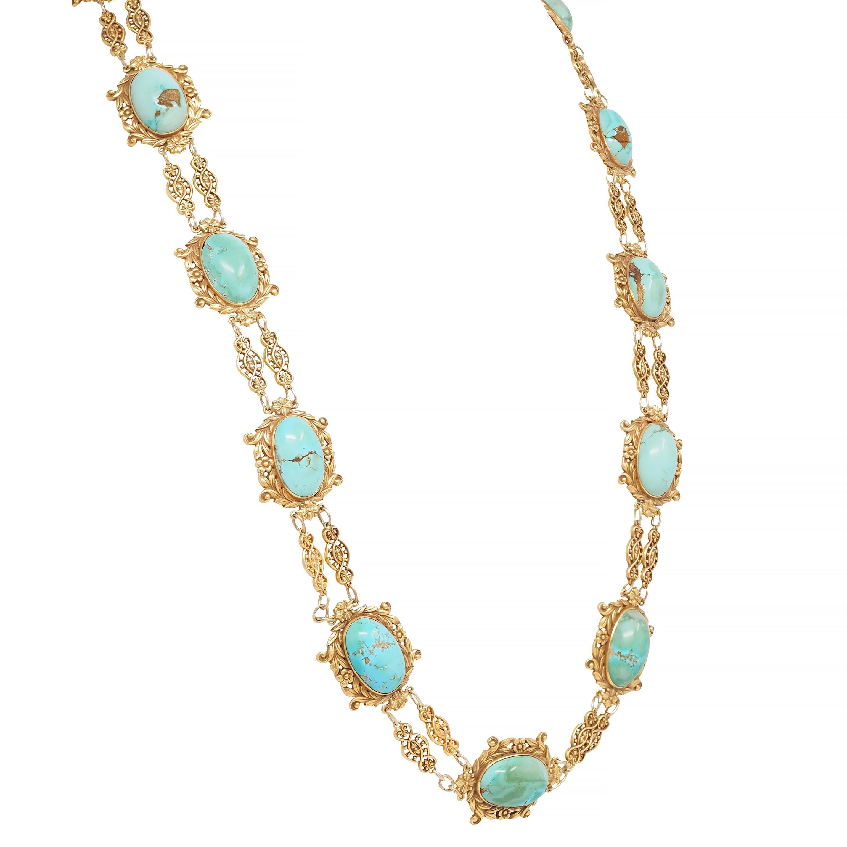 Cabochon Tiffany & Co. Victorian Turquoise 18 Karat Yellow Gold Antique Floral Necklace
