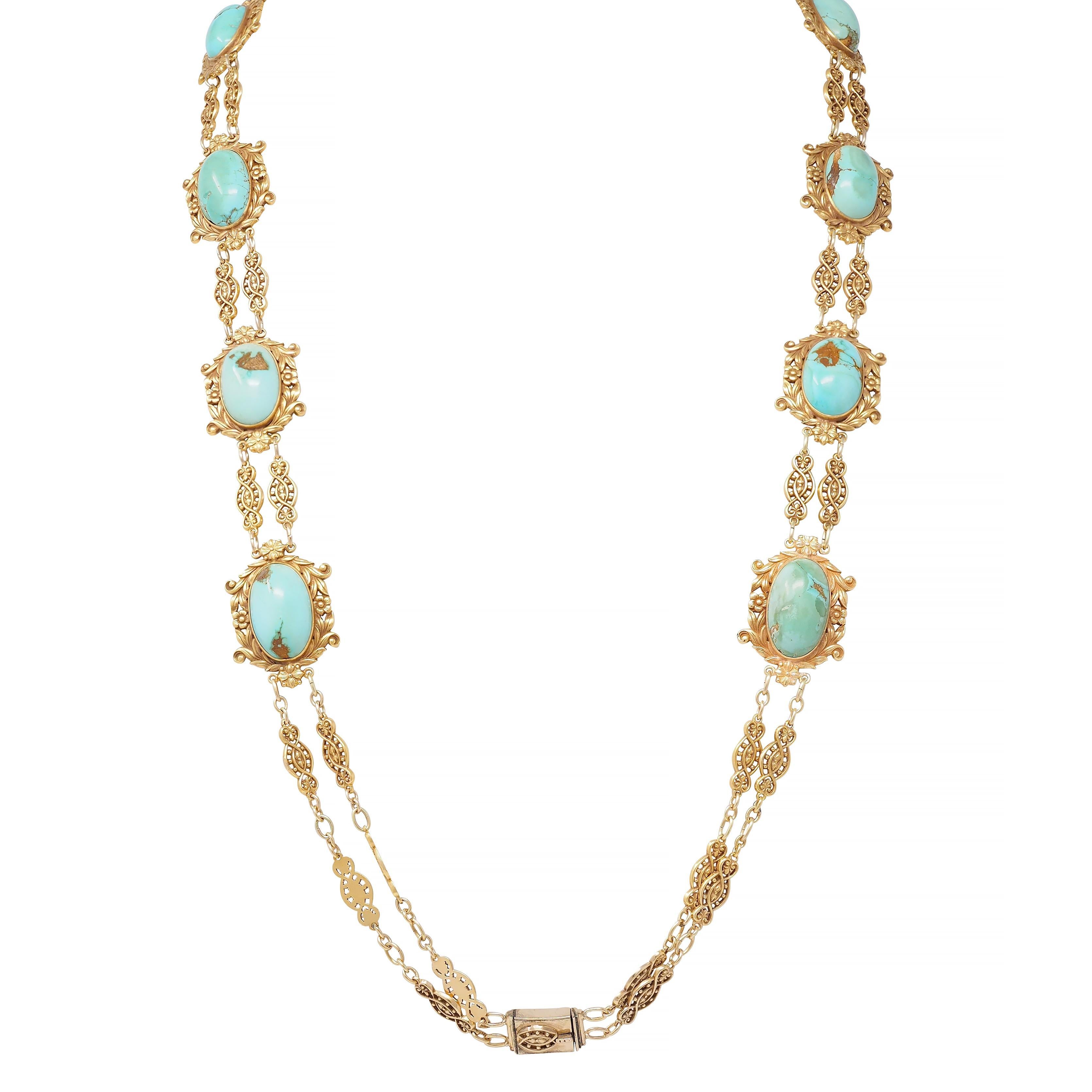 Tiffany & Co. Victorian Turquoise 18 Karat Yellow Gold Antique Floral Necklace In Excellent Condition In Philadelphia, PA