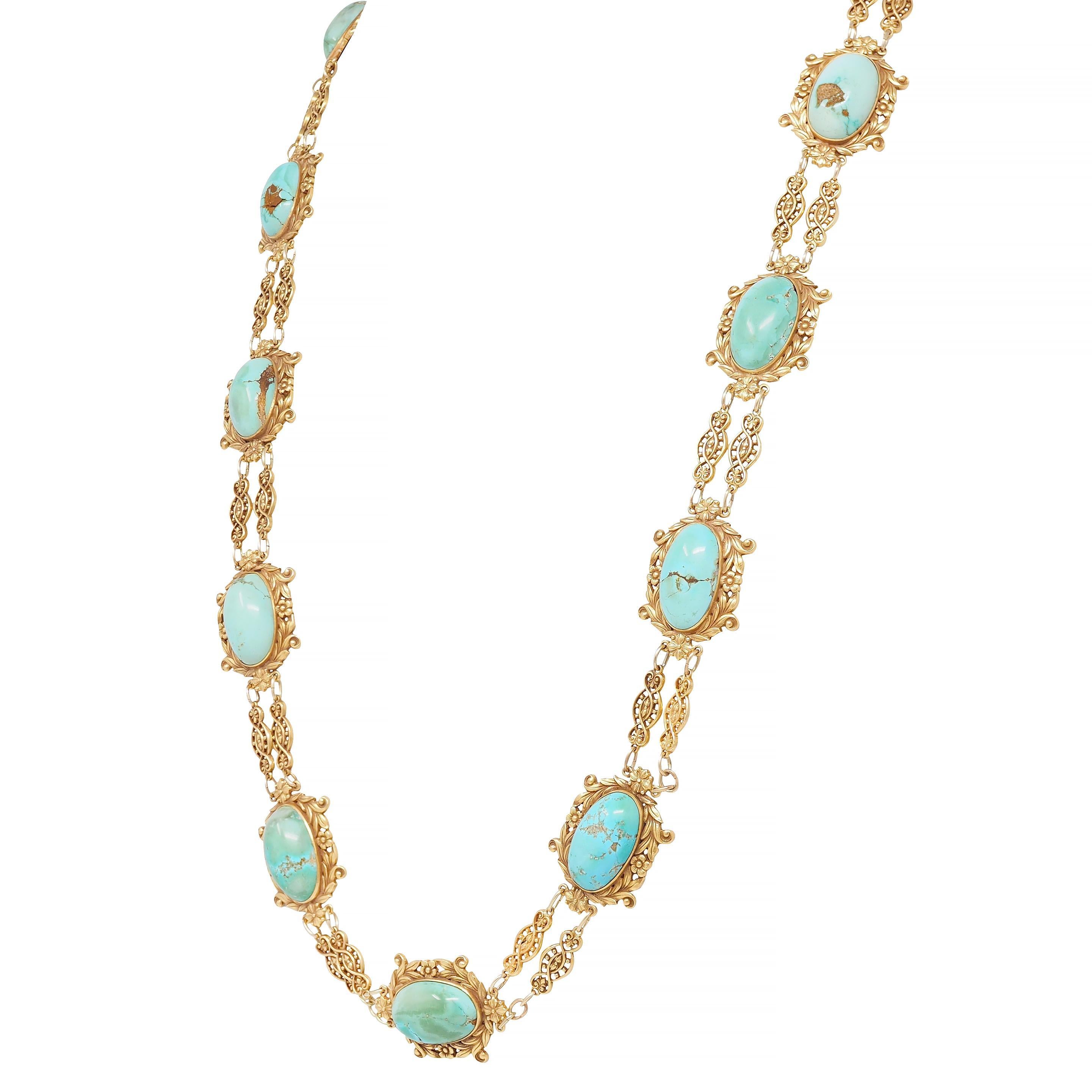 Women's Tiffany & Co. Victorian Turquoise 18 Karat Yellow Gold Antique Floral Necklace