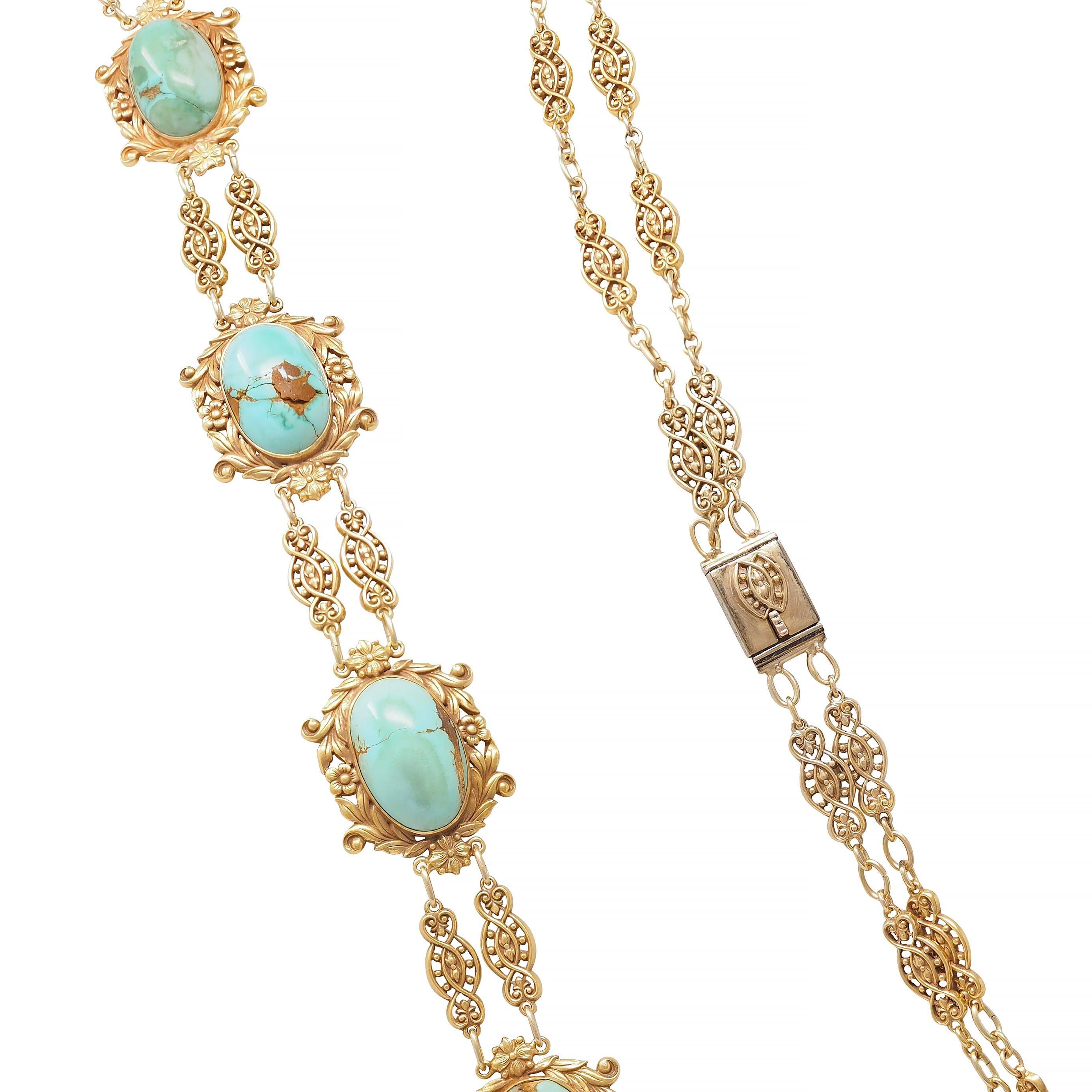 Tiffany & Co. Victorian Turquoise 18 Karat Yellow Gold Antique Floral Necklace 1