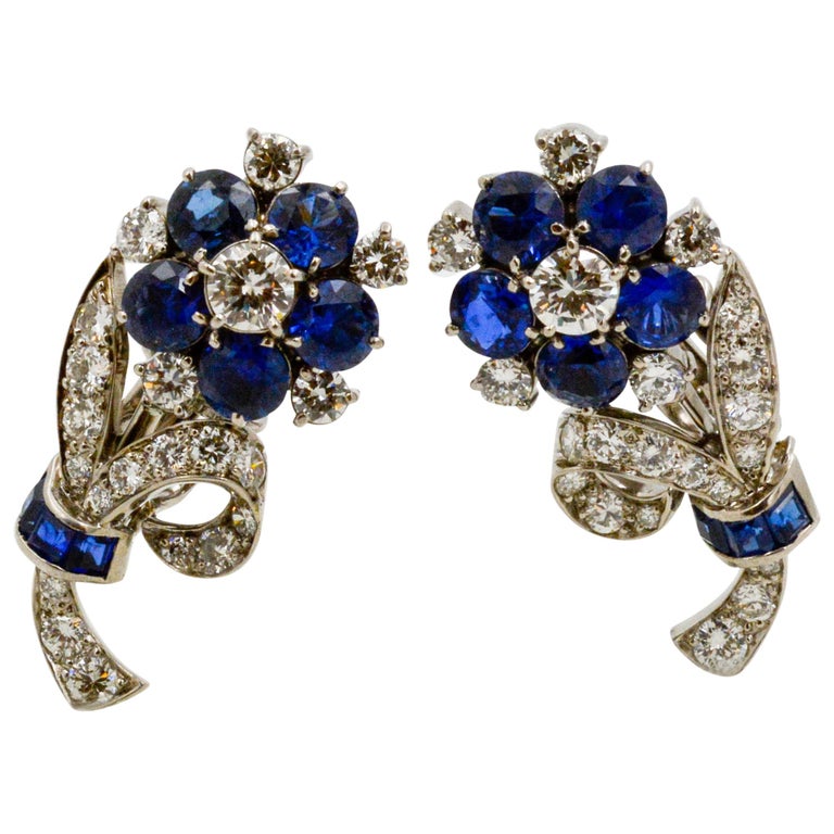 Tiffany and Co. Vintage 14 Karat White Gold Sapphire and Diamond Floral  Earrings at 1stDibs