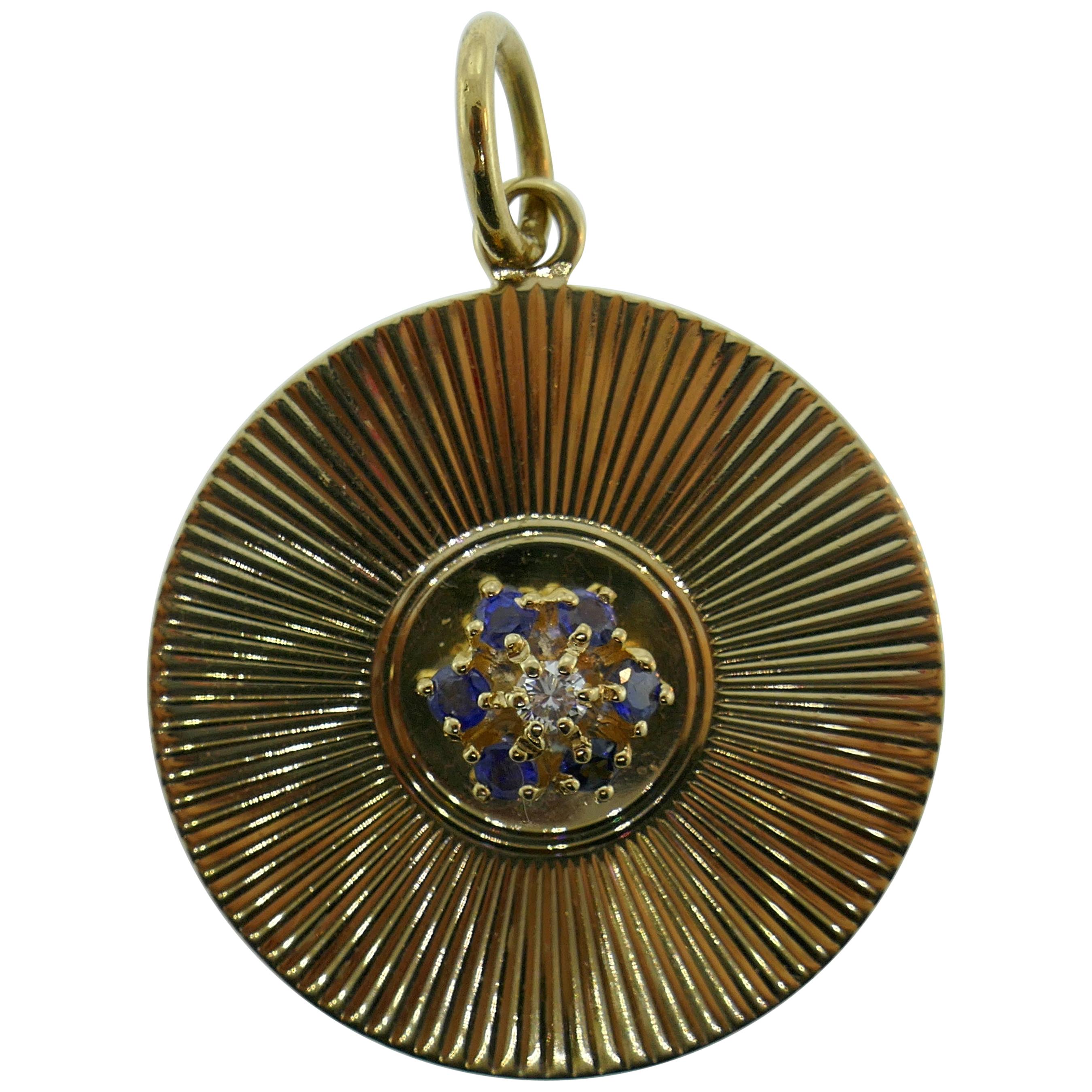 Tiffany & Co. Vintage 14 Karat Yellow Gold, Diamond and Sapphire Disc Pendant