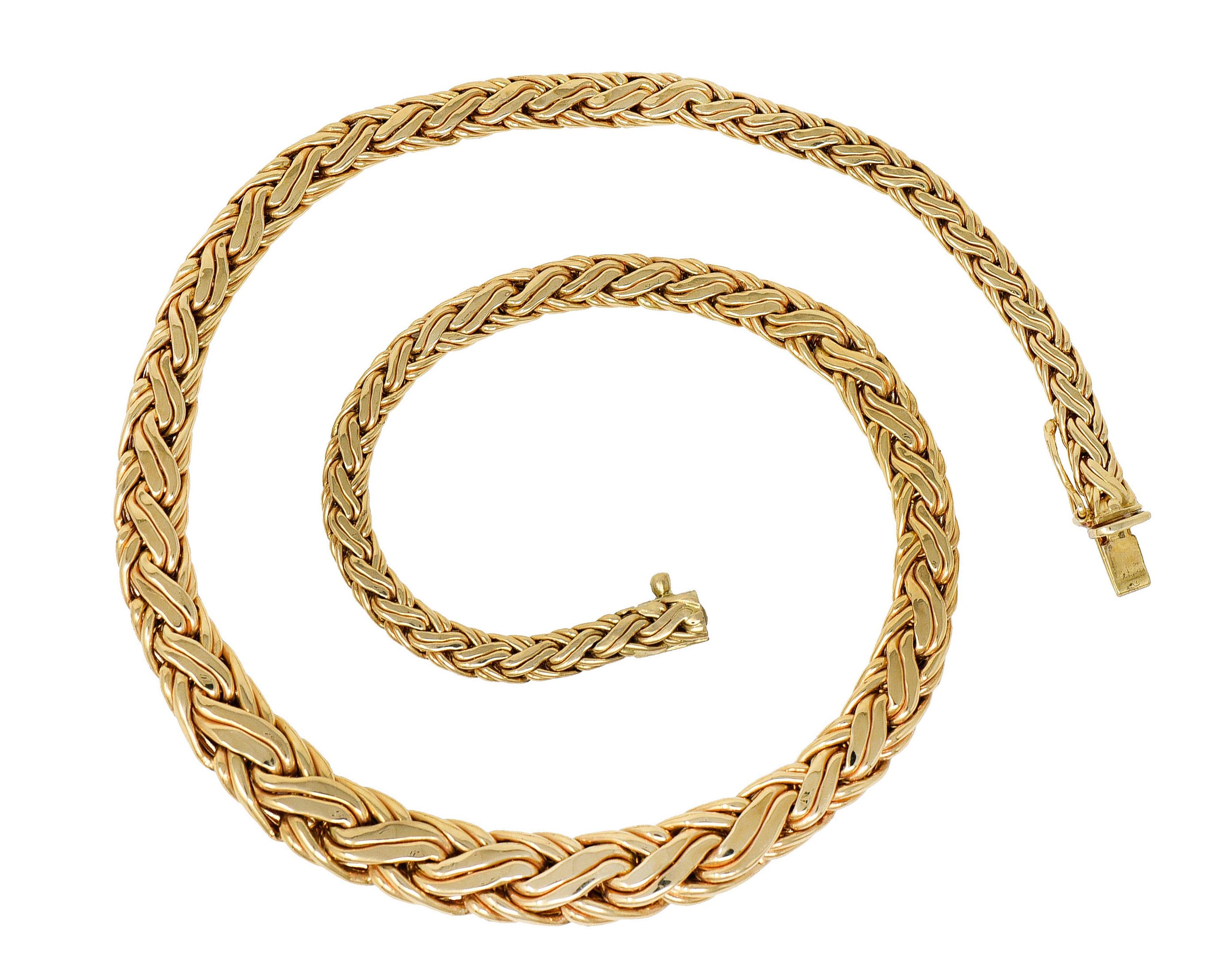 Wheat chain necklace is comprised of intricately woven links

Brightly polished and graduating in thickness

Completed by a concealed clasp with a figure eight safety

Stamped 585 for 14 karat gold

Fully signed Tiffany & Co.

Circa: 1980s

Length: