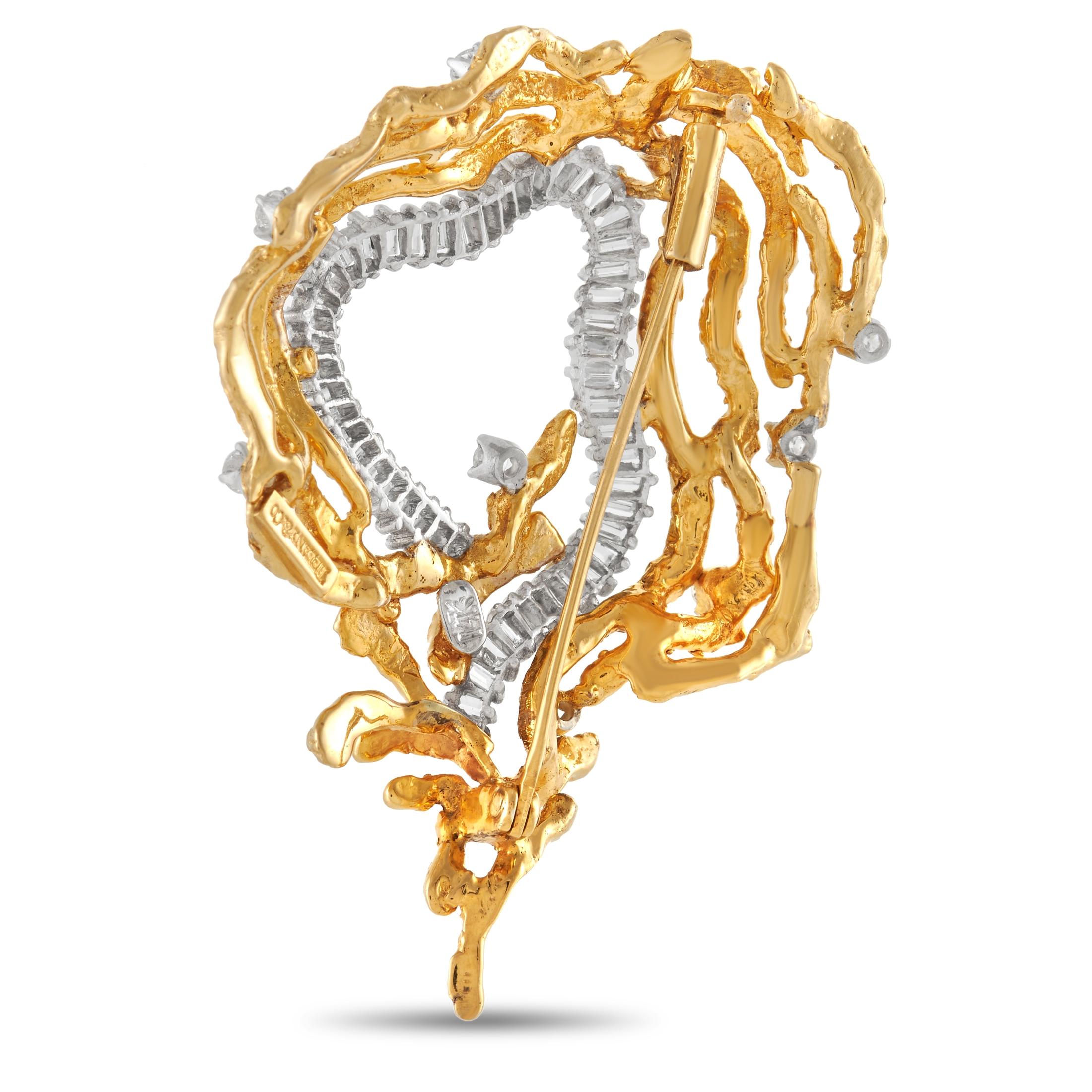 This vintage piece from Tiffany & Co. is endlessly captivating. A pairing of 14K yellow gold and 14K white gold metalwork adds extra dimension to this daring design, which measures 2” long and 1.75” wide. Diamonds totaling 2.0 carats add a touch of