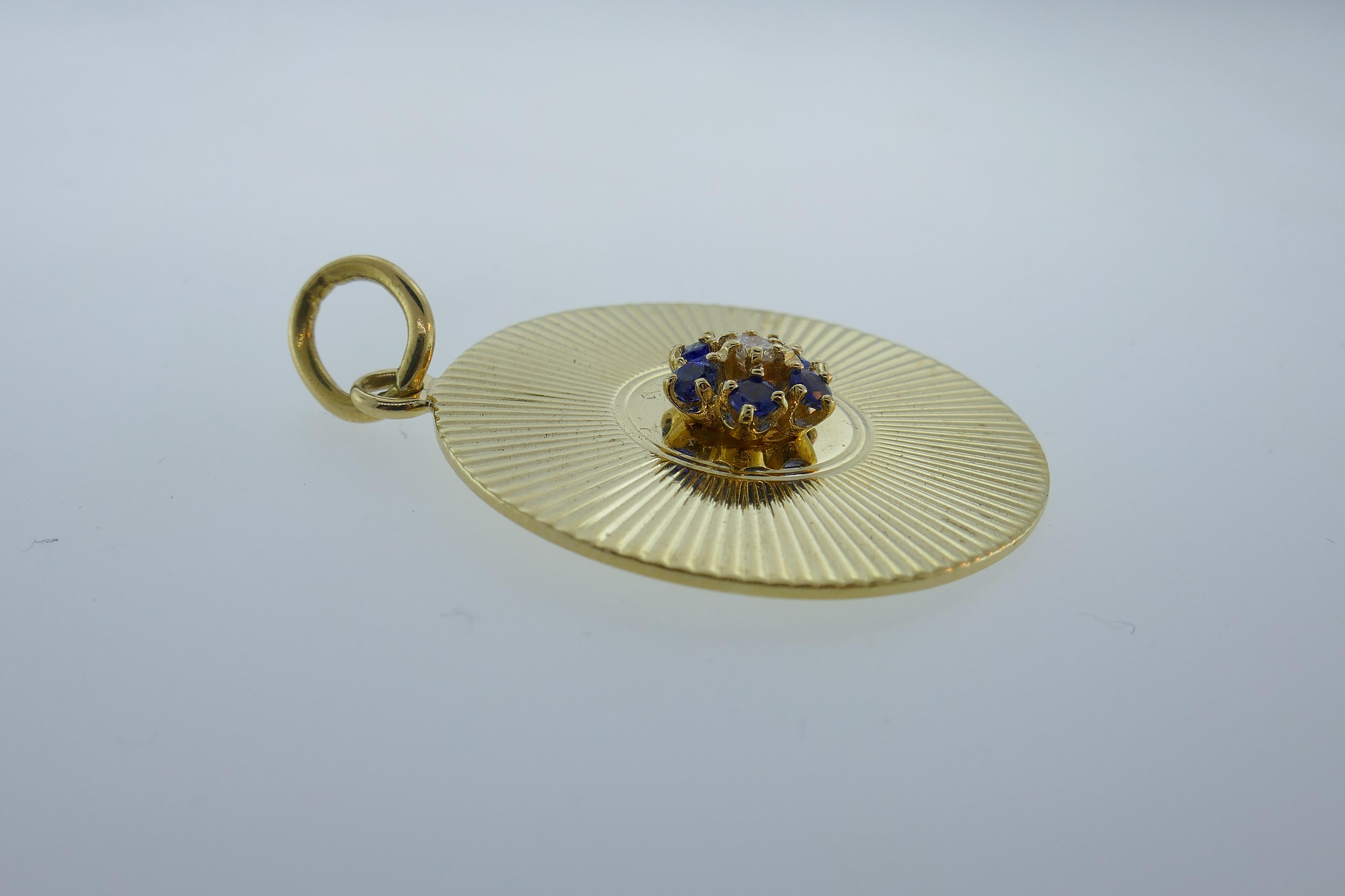 Round Cut Tiffany & Co. Vintage 14 Karat Yellow Gold, Diamond and Sapphire Disc Pendant