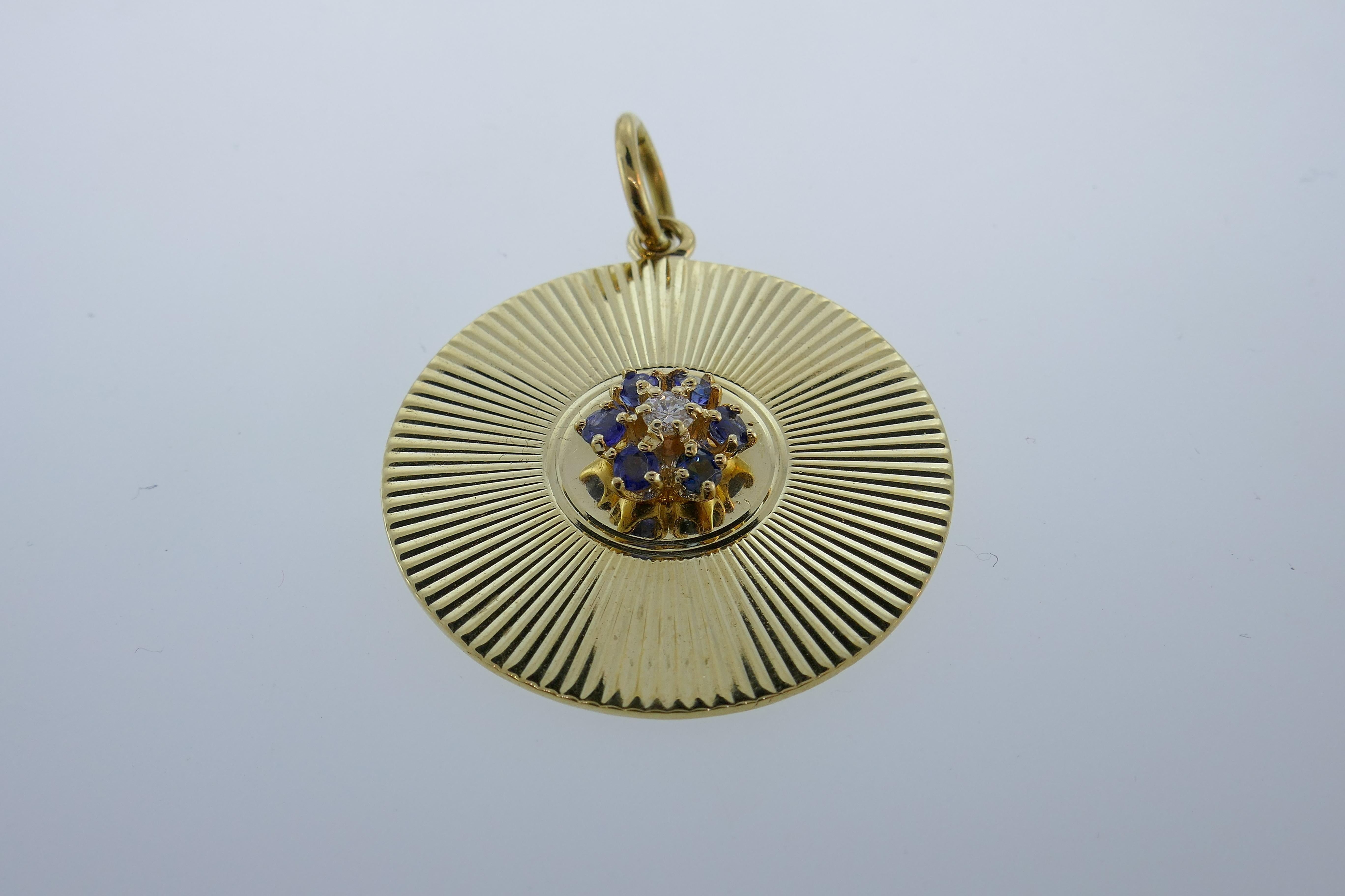 Tiffany & Co. Vintage 14 Karat Yellow Gold, Diamond and Sapphire Disc Pendant In Excellent Condition In Beverly Hills, CA