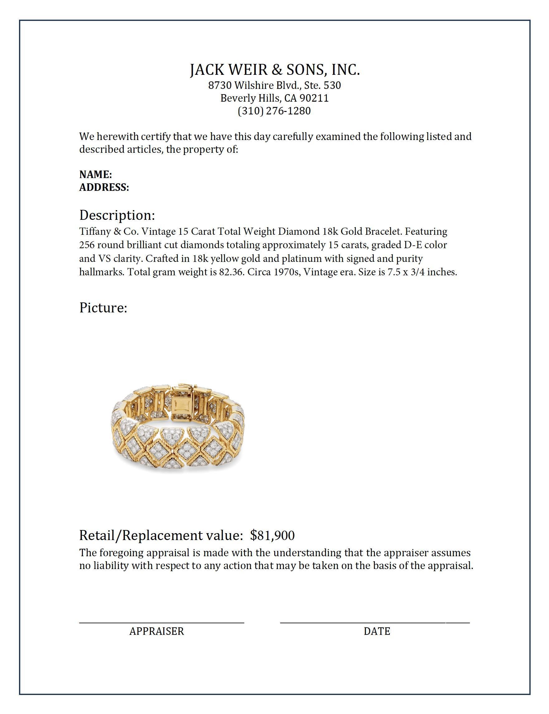 Tiffany & Co. Vintage 15 Karat Gesamtgewicht Diamant-Armband aus 18 Karat Gold mit Diamanten im Zustand „Hervorragend“ in Beverly Hills, CA
