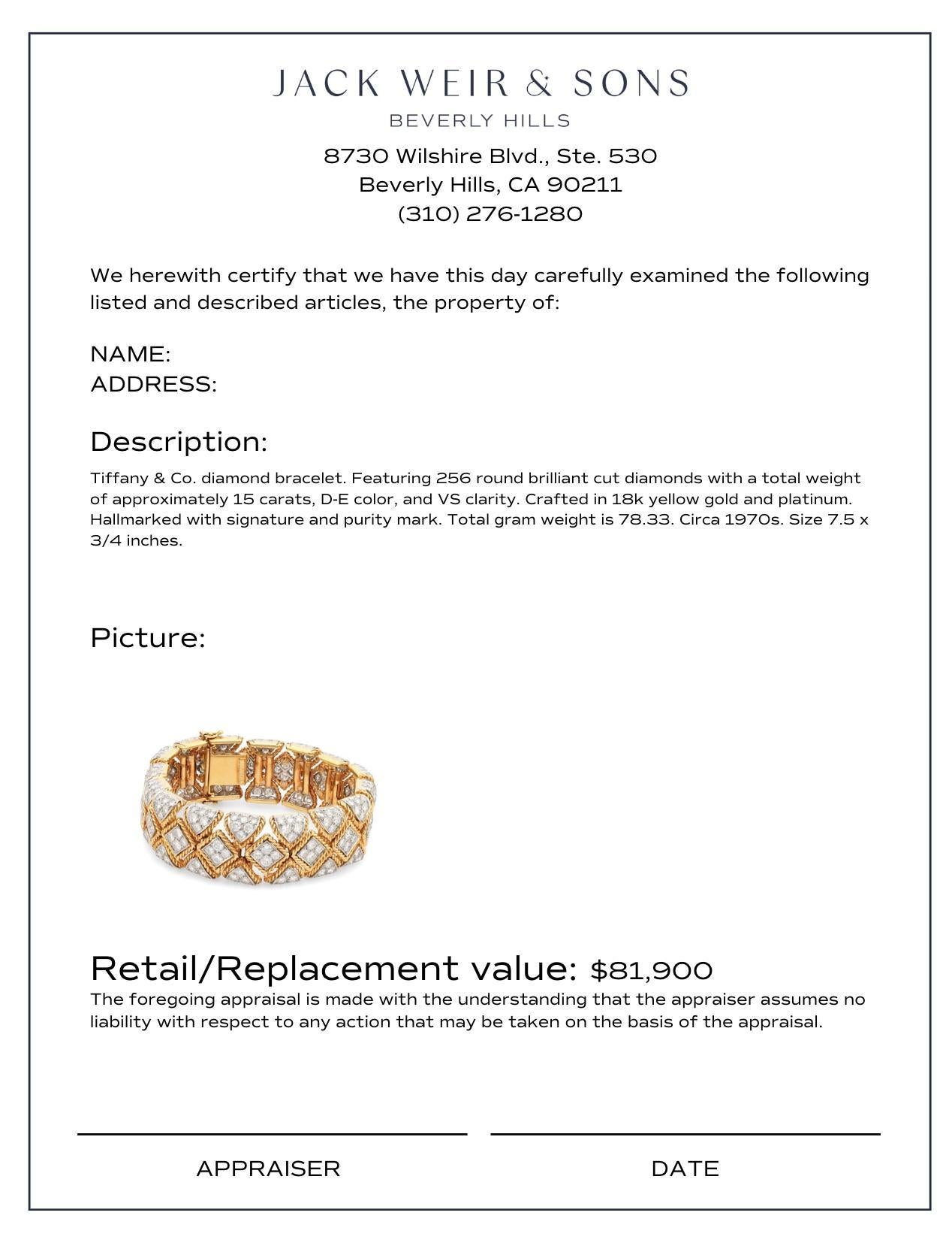 Tiffany & Co. Vintage 15 Karat Gesamtgewicht Diamant-Armband aus 18 Karat Gold mit Diamanten im Zustand „Hervorragend“ in Beverly Hills, CA