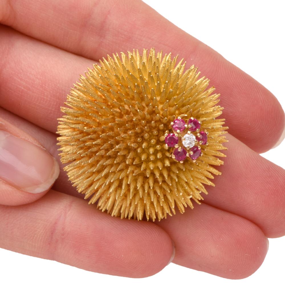Tiffany & Co. Vintage 18 Karat Diamond Ruby Sea Urchin Brooch Pin 3