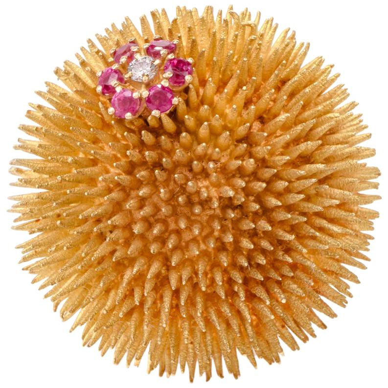 Tiffany & Co. Vintage 18 Karat Diamond Ruby Sea Urchin Brooch Pin
