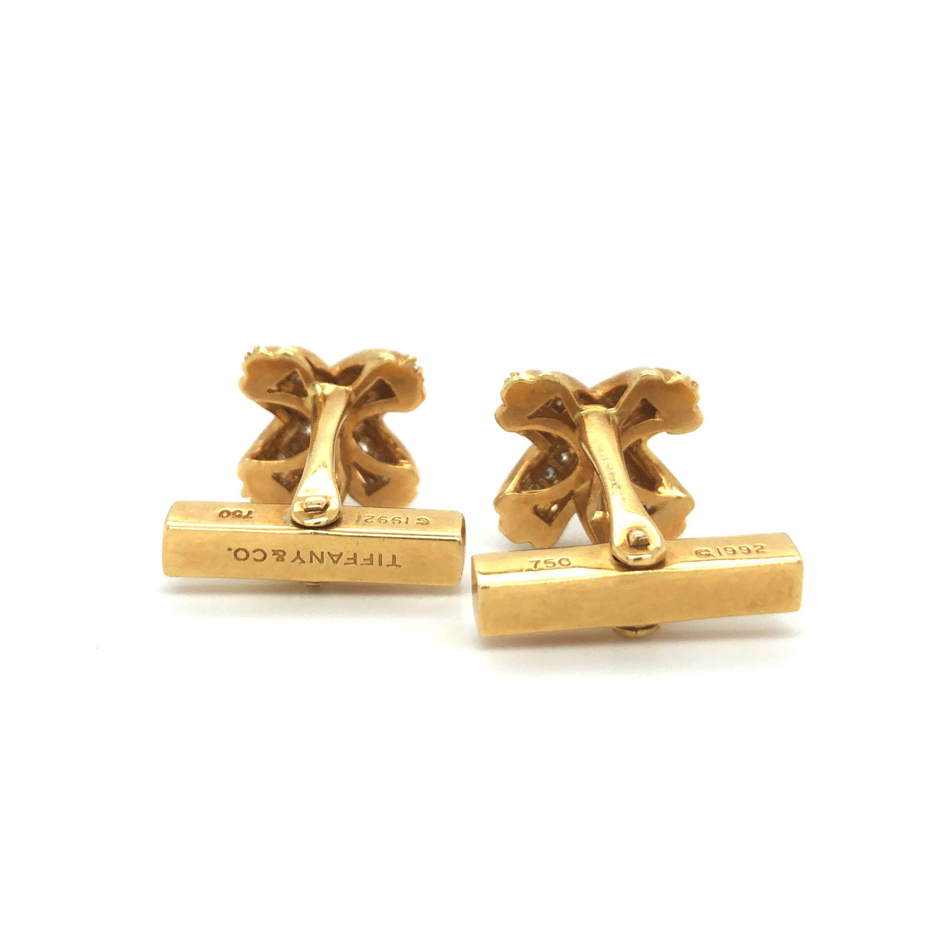 Tiffany & Co. Vintage 18 Karat Yellow Gold and .55 Carat Diamond X Cuff Links In Good Condition In Guilford, CT