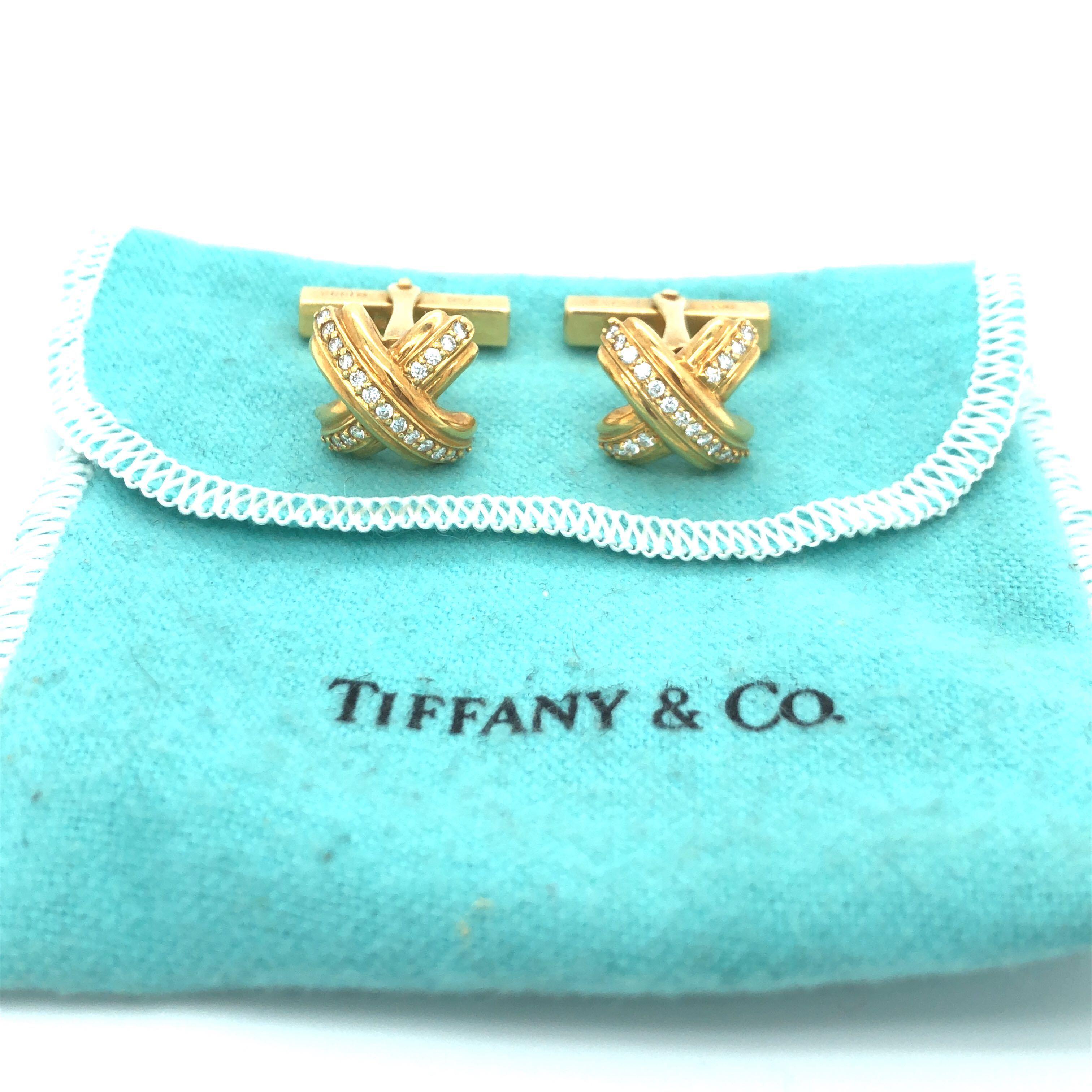 Men's Tiffany & Co. Vintage 18 Karat Yellow Gold and .55 Carat Diamond X Cuff Links