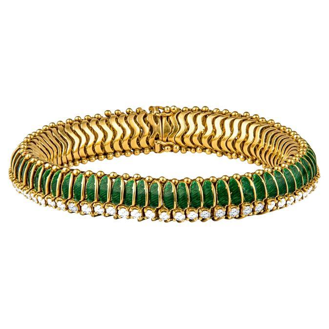 Tiffany & Co. Armband aus 18 Karat Gelbgold mit grüner Emaille und Diamanten im Angebot