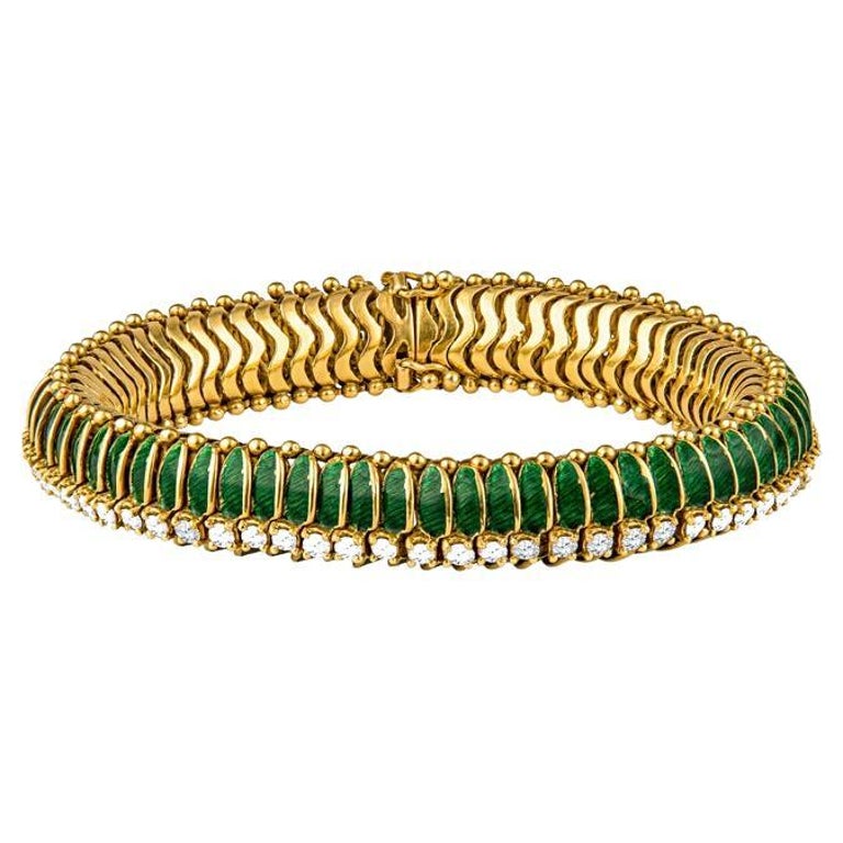 Tiffany and Co. Vintage 18 Karat Yellow Gold Green Enamel and Diamond  Bracelet