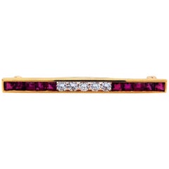 Tiffany & Co. Vintage 18 Karat Yellow Gold Ruby and .50 Carat Diamond Bar Brooch