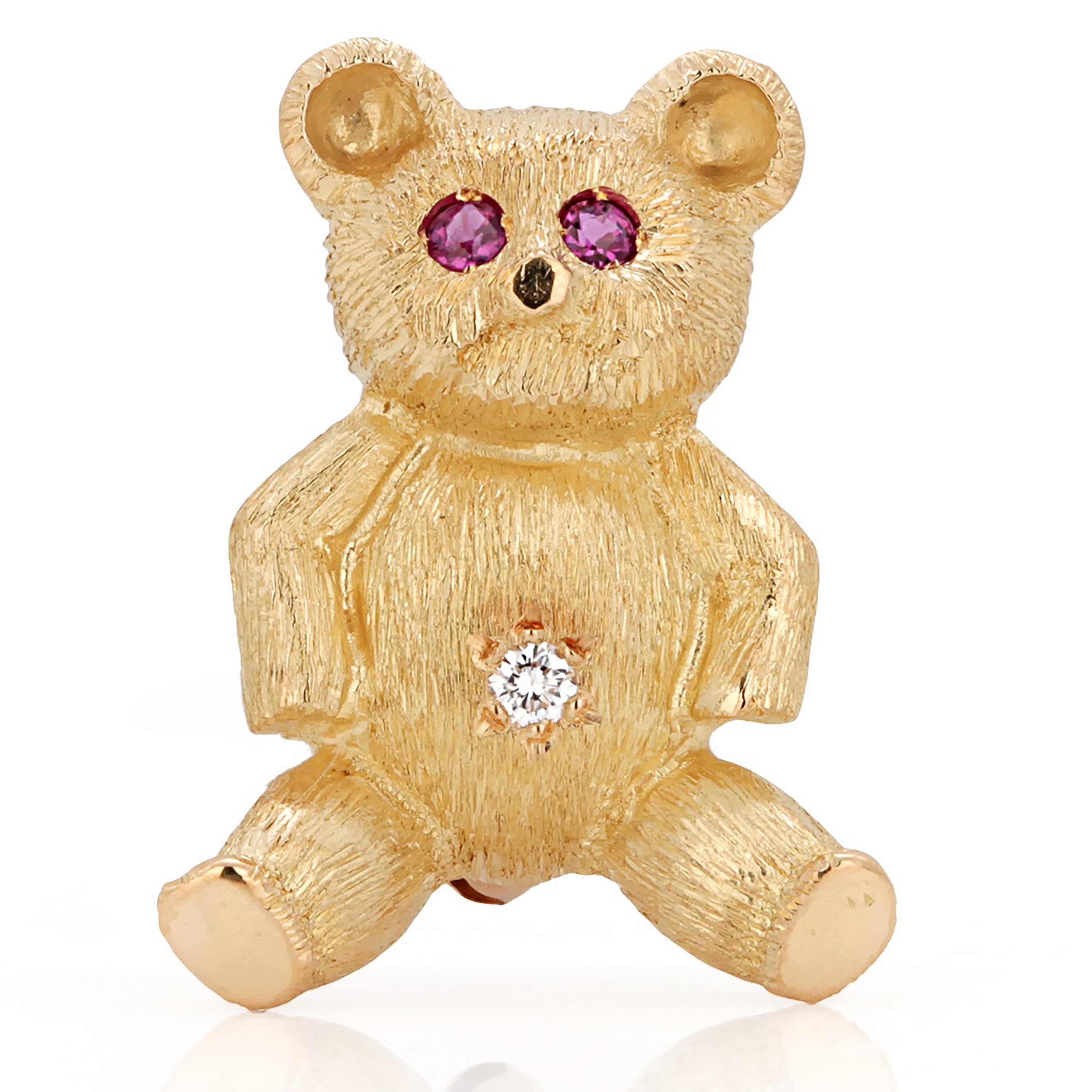 Round Cut Tiffany Co Vintage 18 Karat Yellow Gold Ruby Diamond Teddy Bear 0.90 Inch Brooch