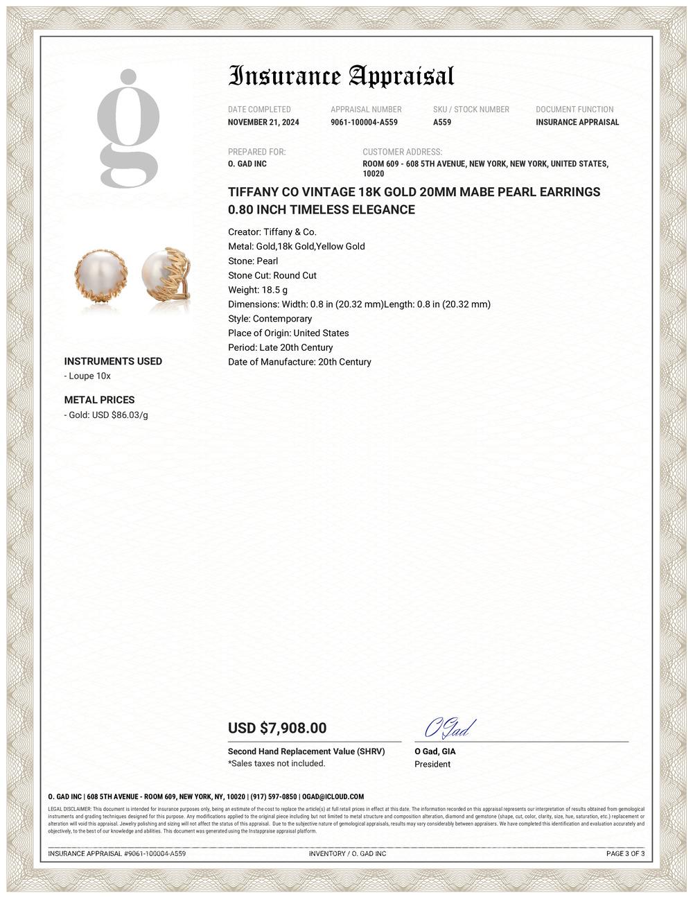 Tiffany Co. Vintage 18k Gold 20MM Mabe Perlenohrringe 0,80 Zoll Timeless Elegance (Zeitgenössisch)