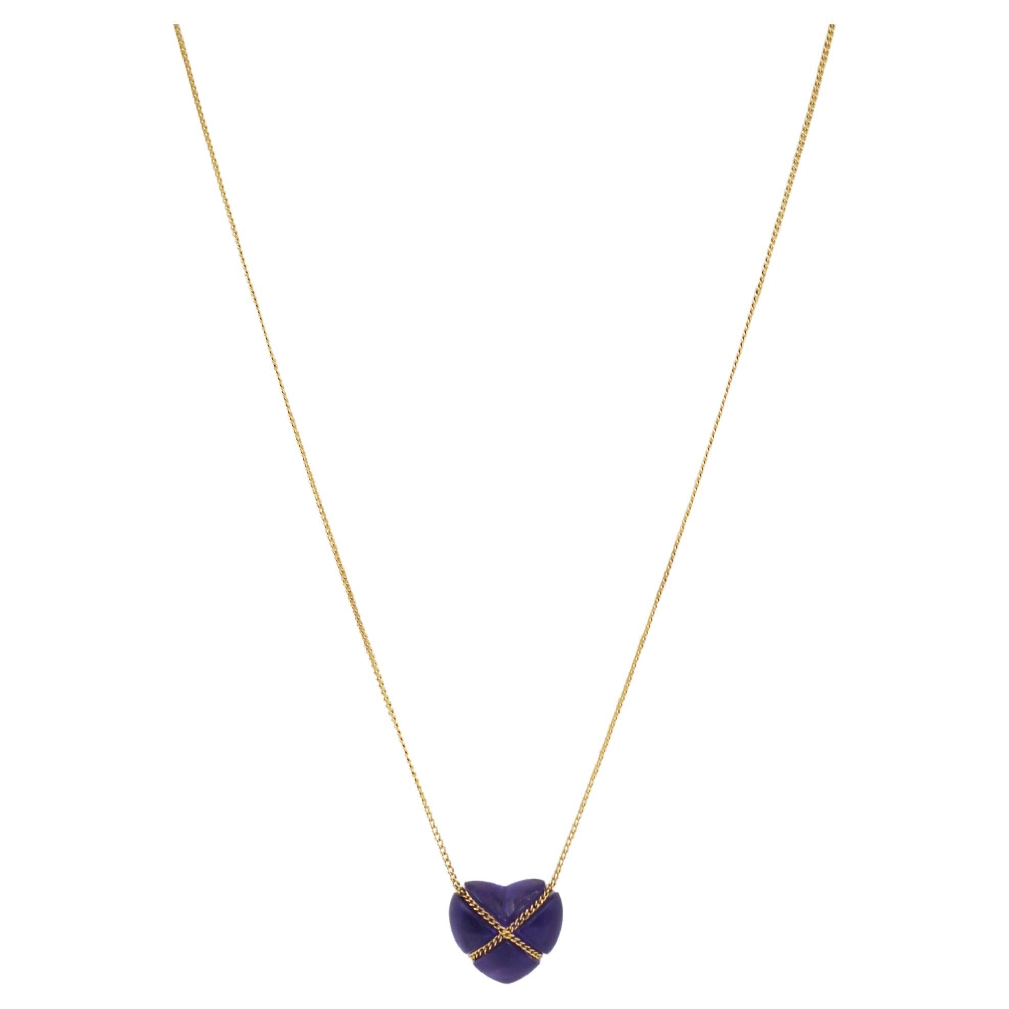Tiffany & Co. Vintage 18k Gold Amethyst Cross My Heart Necklace For Sale