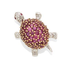Tiffany & Co. Vintage 18k Two-Tone Gold Ruby and Diamond Turtle Brooch Unique!