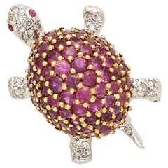 Tiffany & Co. Vintage 18k Two-Tone Gold Ruby and Diamond Turtle Brooch Unique!