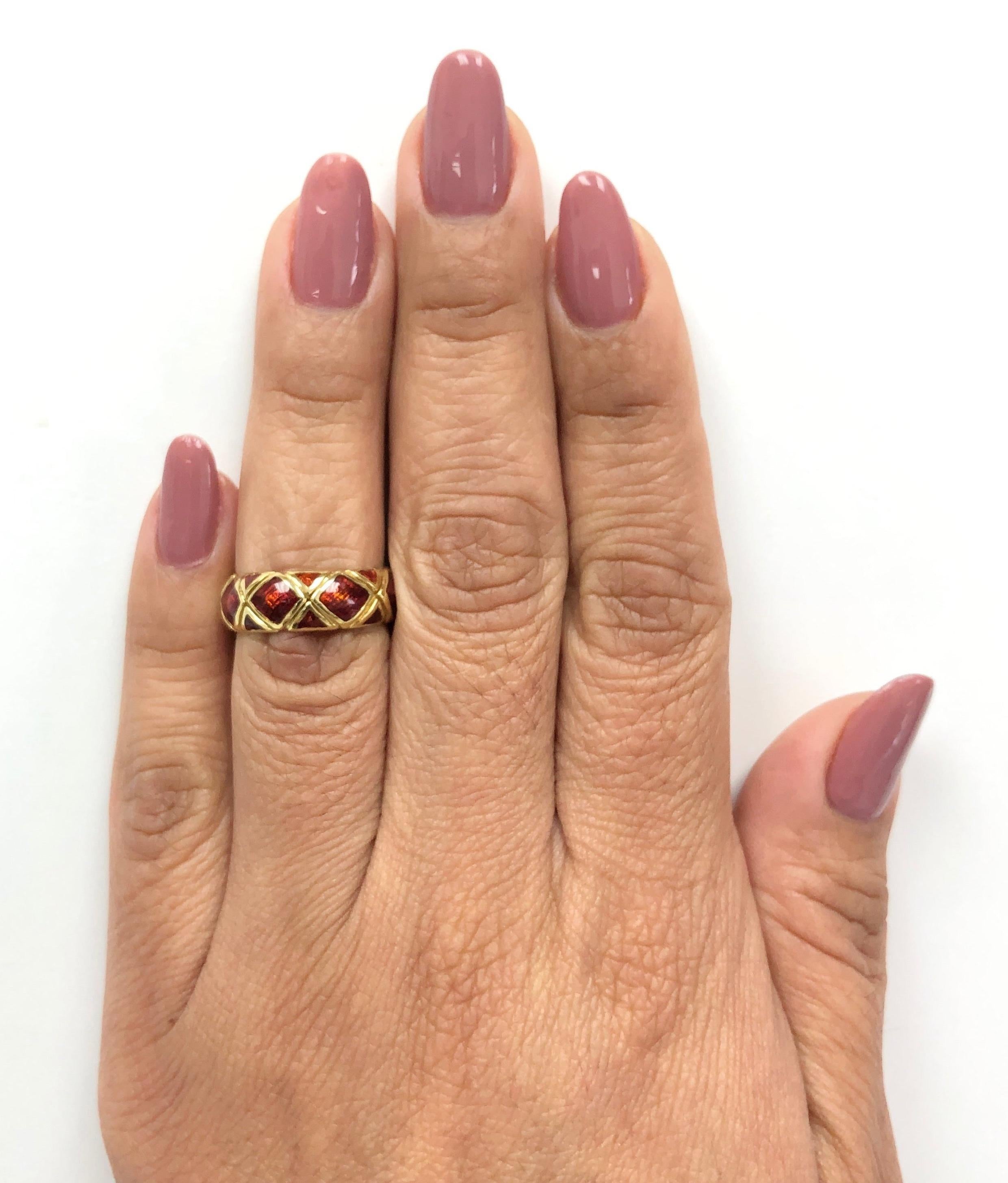 Women's or Men's Tiffany & Co. Vintage 18K Yellow Gold and Red Enamel Band Ring, circa 1960s
