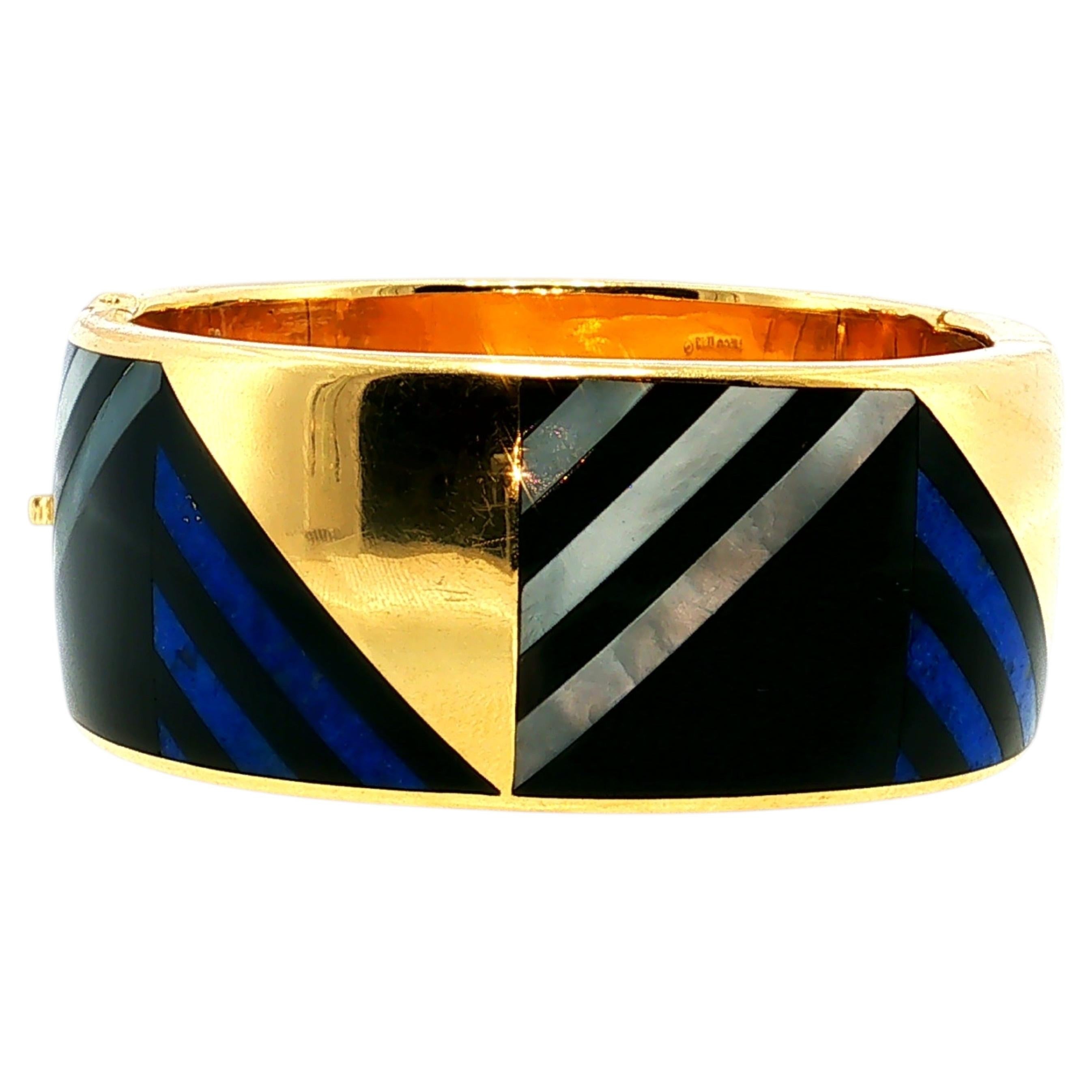 Tiffany & Co Vintage 18K Yellow Gold MOP Lapis Enamel Bangle Bracelet 88.4 Grams For Sale