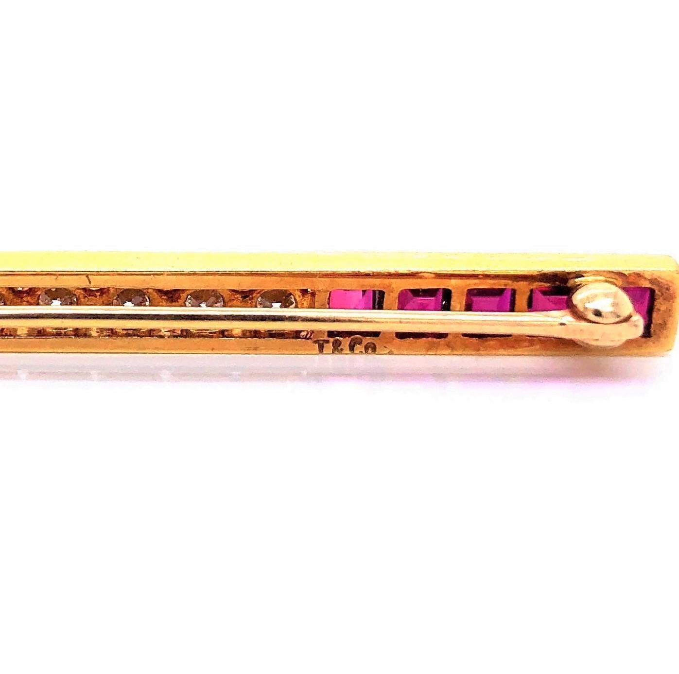 Tiffany & Co. Vintage 18 Karat Yellow Gold Ruby and .50 Carat Diamond Bar Brooch In Good Condition In Guilford, CT