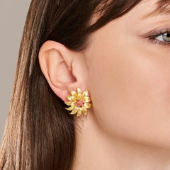 TIFFANY & CO. Vintage 18k Yellow Gold Ruby Flower Earrings, Circa 1990