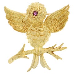  Tiffany & Co. Vintage 18K Yellow Gold with Ruby Eye Bird Brooch Pin