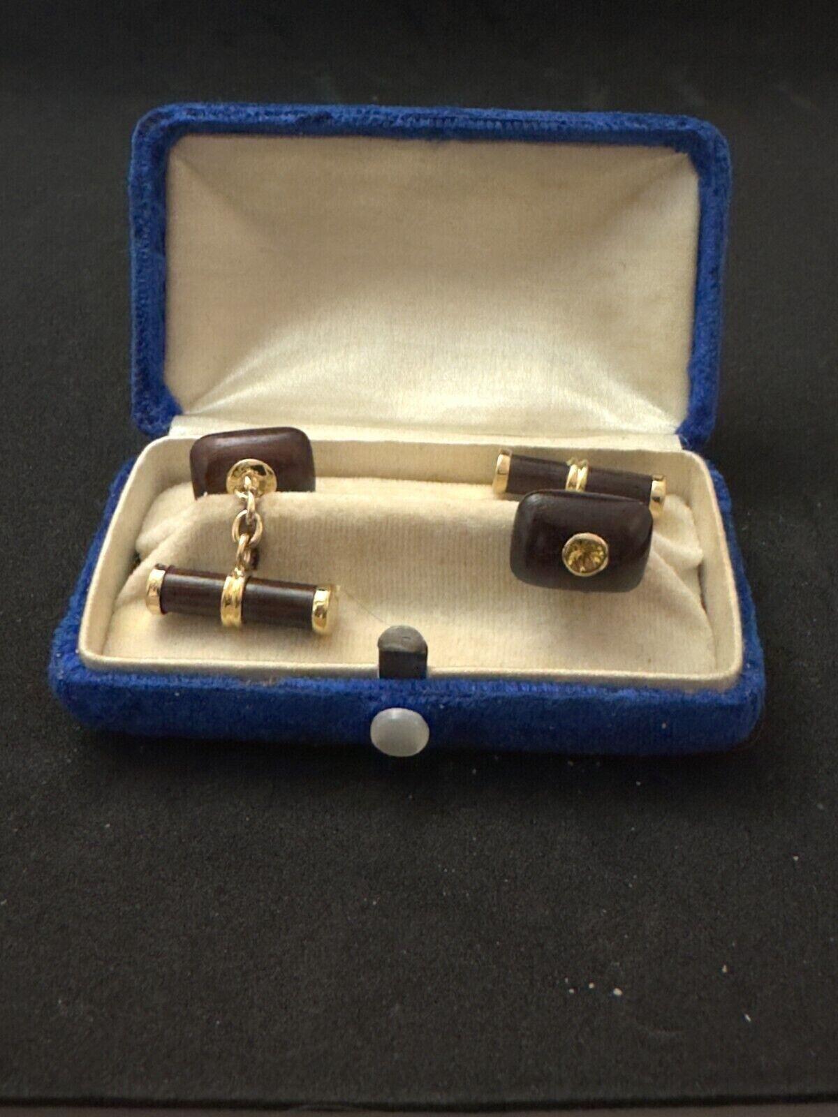 Round Cut TIFFANY & CO. Vintage 18k Yellow Gold, Wood & Yellow Sapphire Cufflinks 1970s For Sale