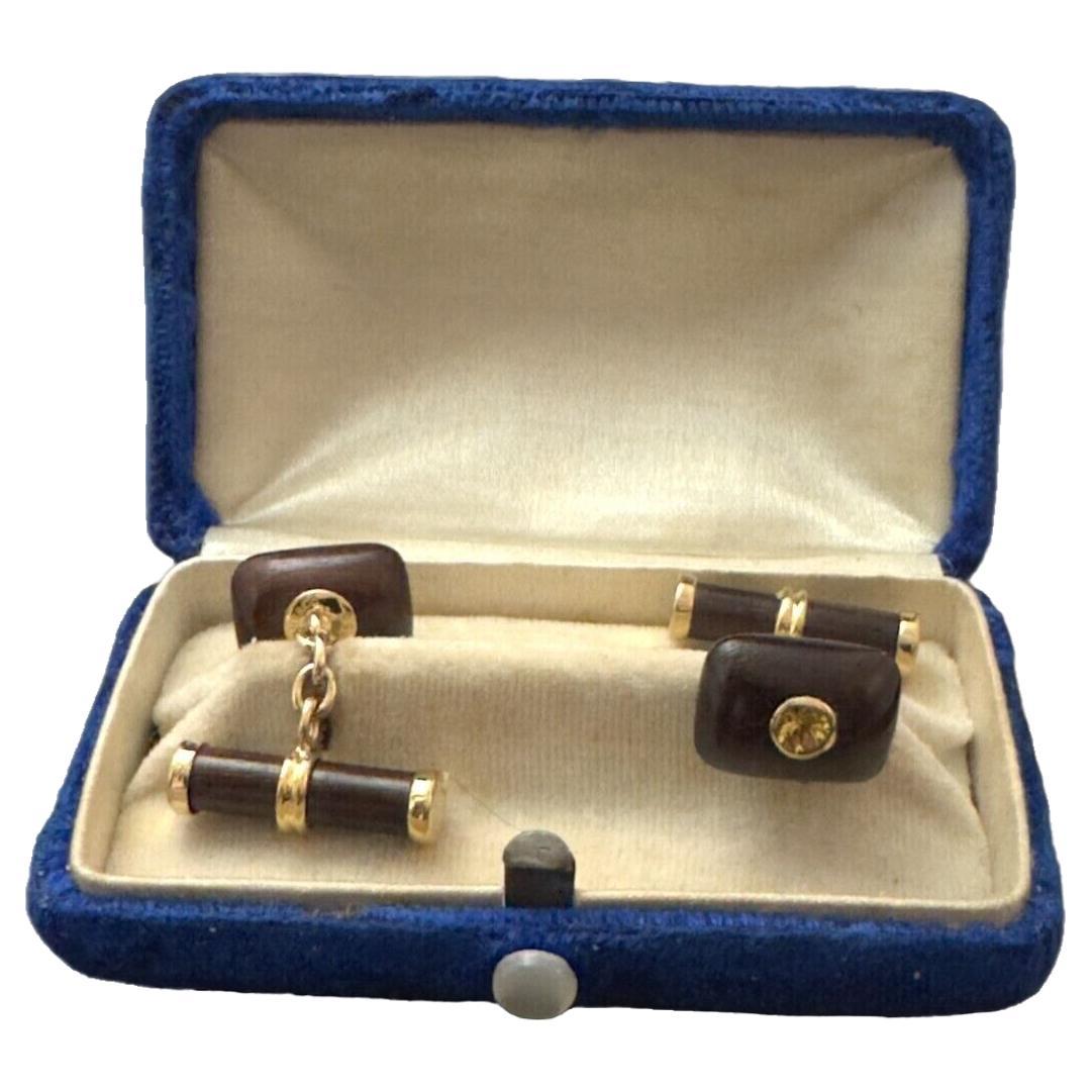 TIFFANY & CO. Vintage 18k Yellow Gold, Wood & Yellow Sapphire Cufflinks 1970s For Sale