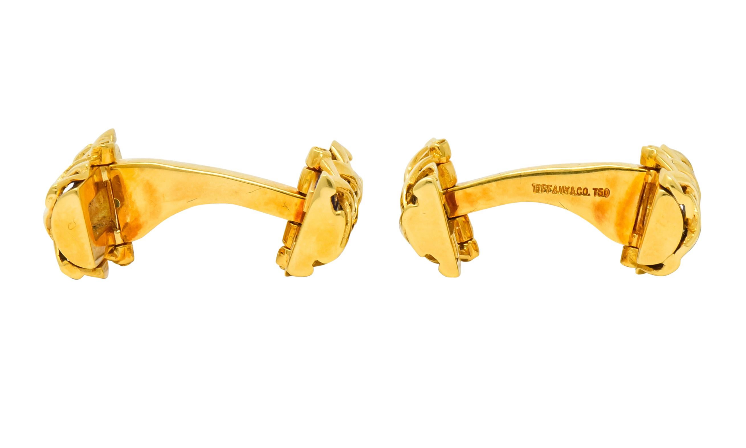 Tiffany & Co. Vintage 1970s Enamel 18 Karat Gold Men's Lattice Cufflinks In Excellent Condition In Philadelphia, PA