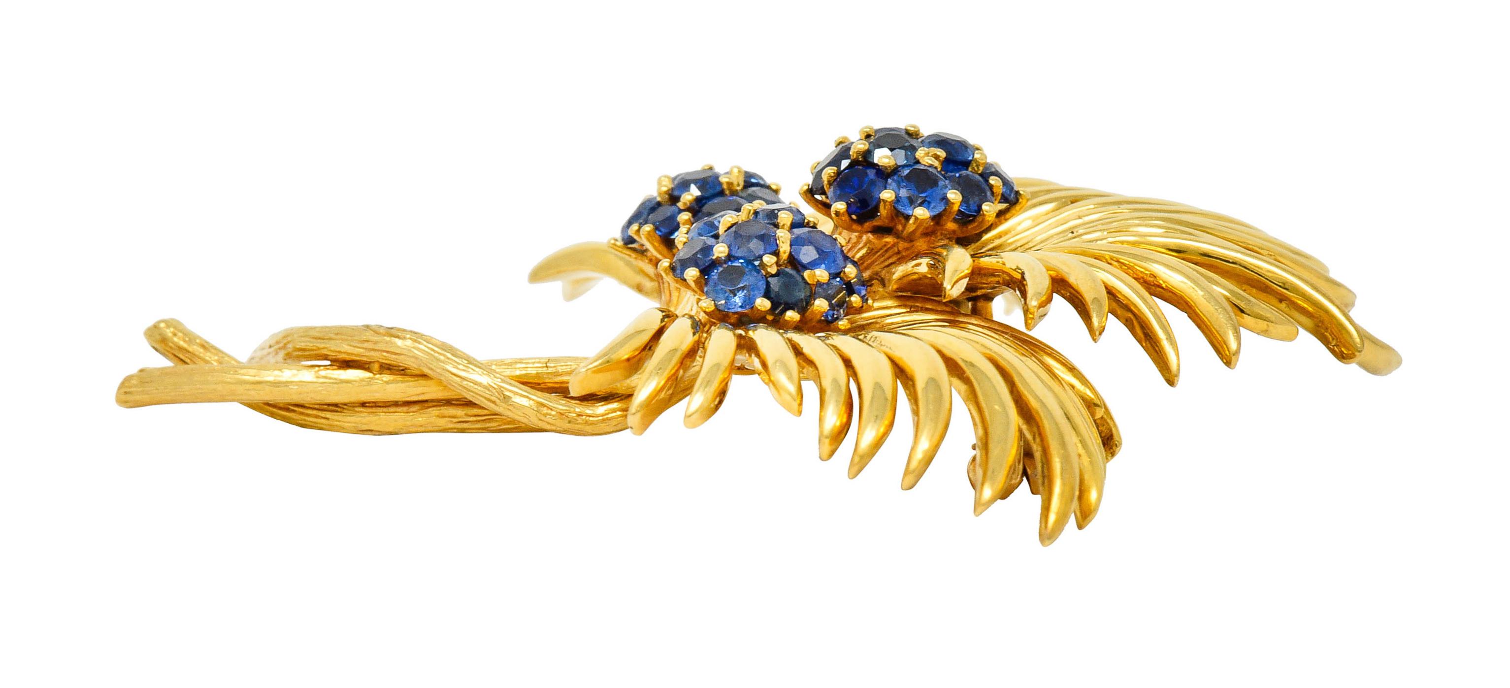 Tiffany & Co. Vintage 3.56 Carat Sapphire 18 Karat Gold Floral Brooch circa 1960 5