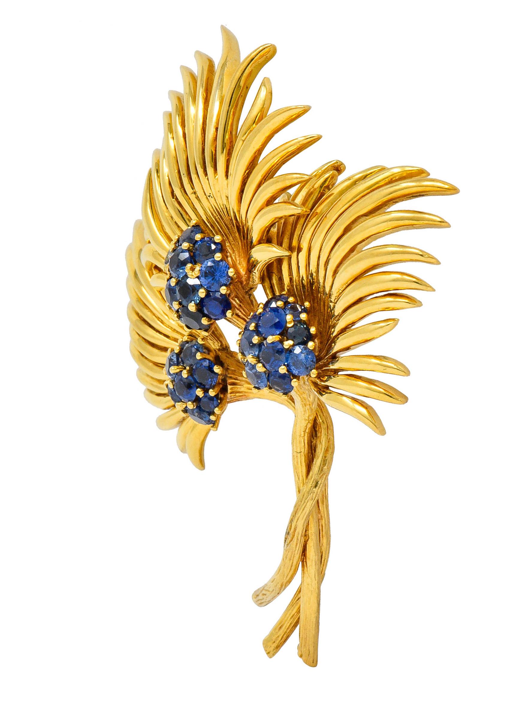Contemporary Tiffany & Co. Vintage 3.56 Carat Sapphire 18 Karat Gold Floral Brooch circa 1960