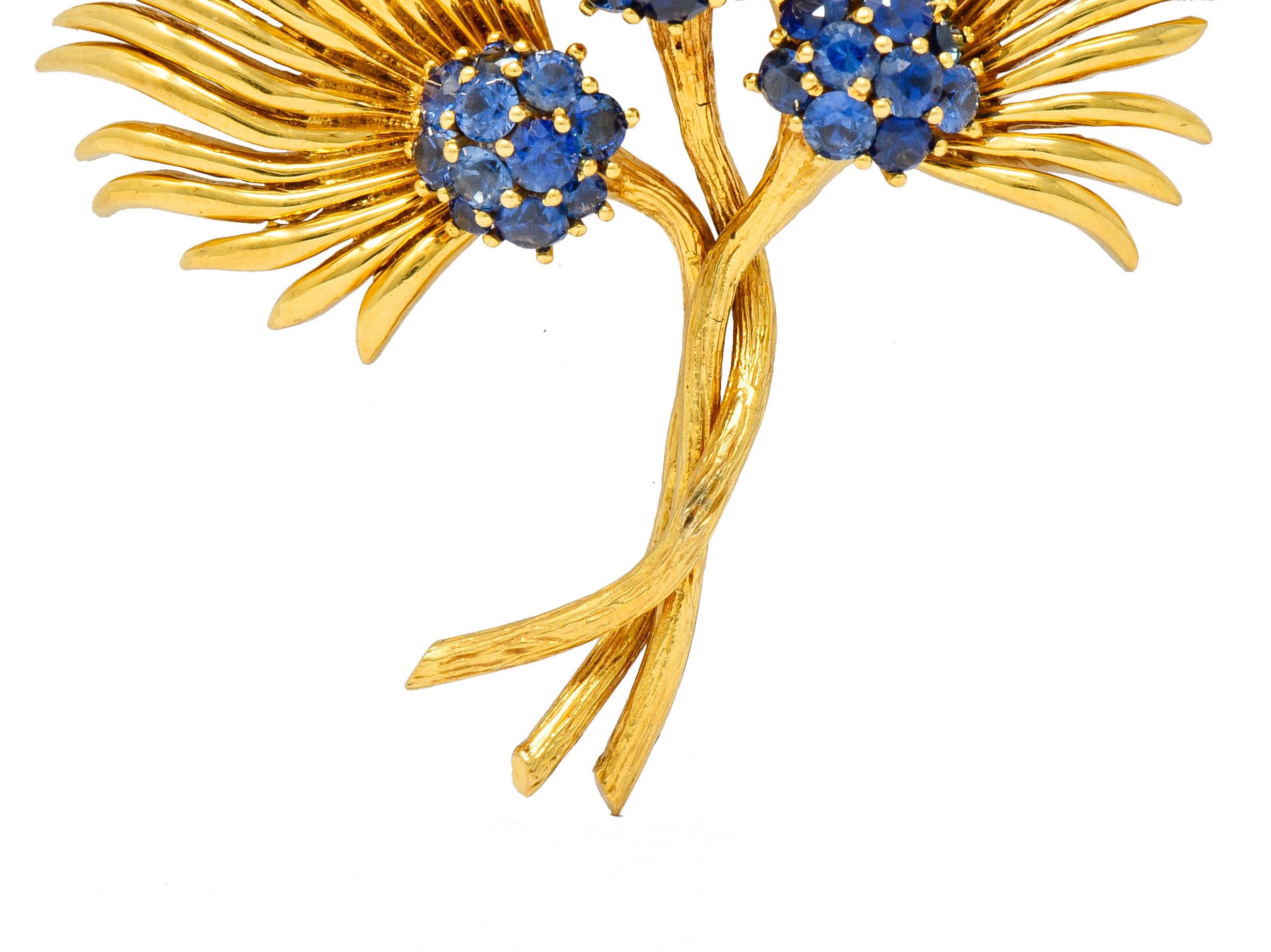 Tiffany & Co. Vintage 3.56 Carat Sapphire 18 Karat Gold Floral Brooch circa 1960 1