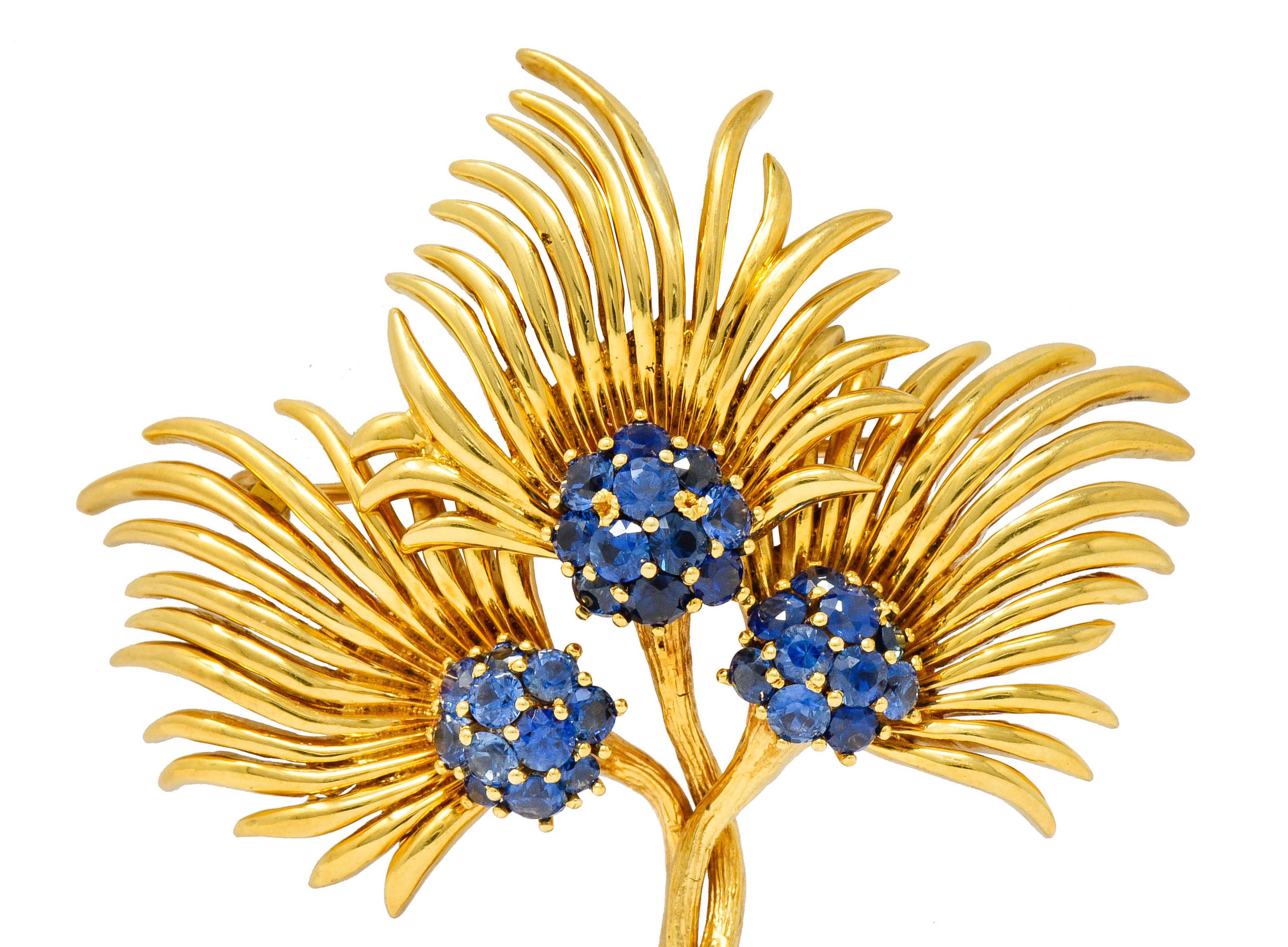 Tiffany & Co. Vintage 3.56 Carat Sapphire 18 Karat Gold Floral Brooch circa 1960 2