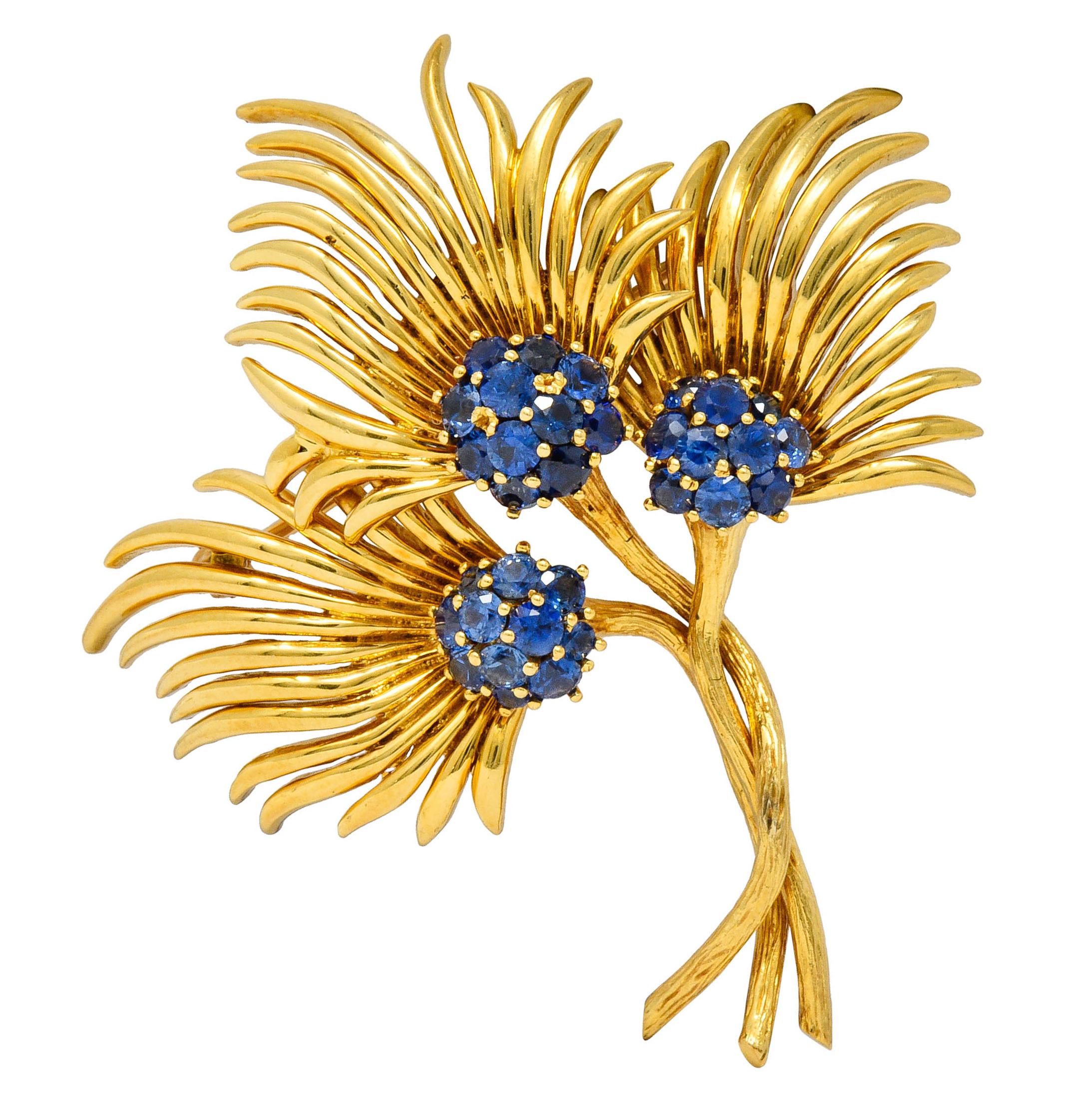 Tiffany & Co. Vintage 3.56 Carat Sapphire 18 Karat Gold Floral Brooch circa 1960 3