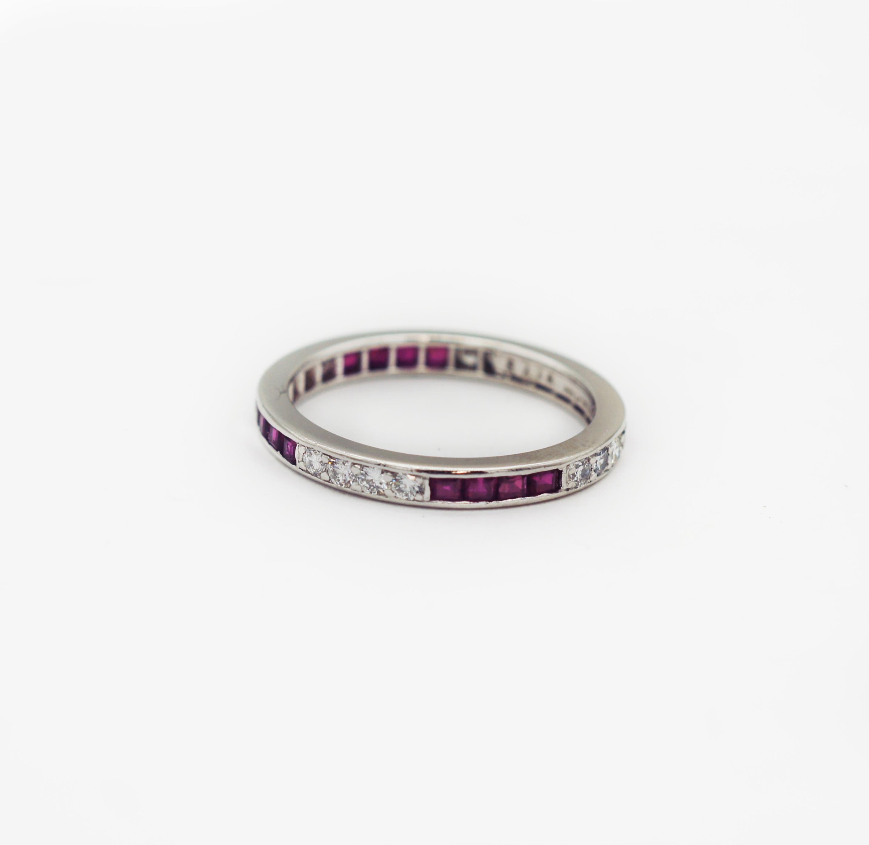 Tiffany & Co.
VIntage
Circa 1950's
Platinum
Diamond and Ruby
Stackable Band Ring
Ring Size (US) 6.75
Approx. weight of 3.4 grams
In great looking condition
wear consistent with time and some light use
such as scuffs or scratches
See images please
No