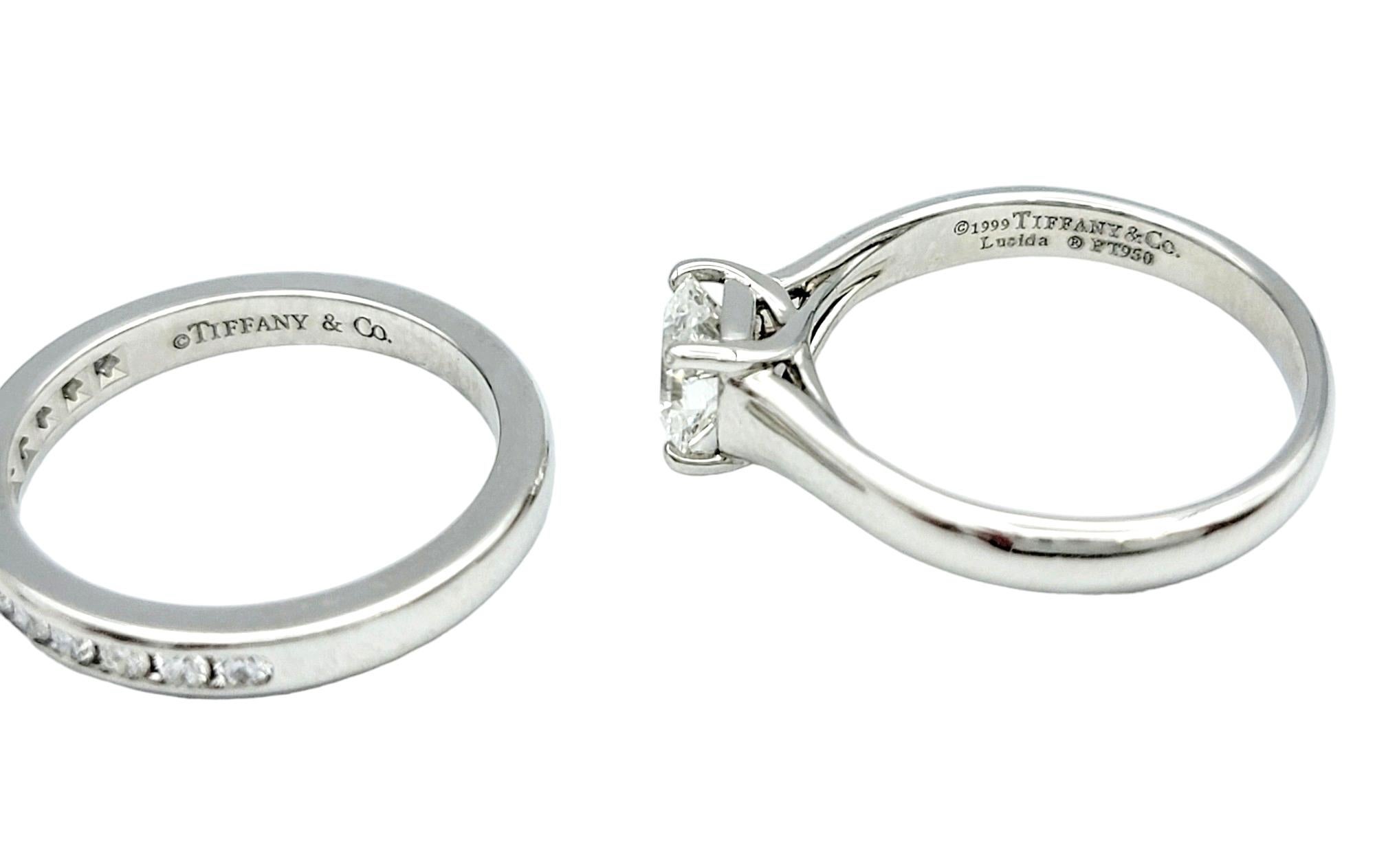 Tiffany & Co. Vintage .66 Lucida Solitaire Platinum Engagement Ring and Band Set In Excellent Condition For Sale In Scottsdale, AZ