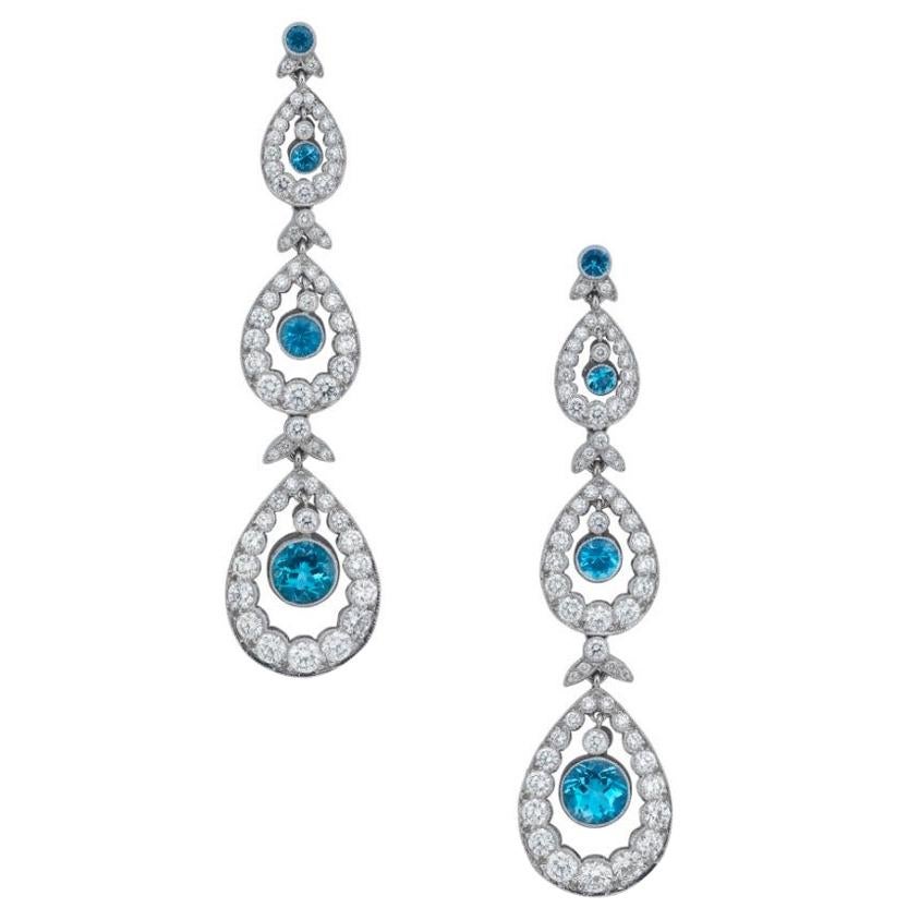 Tiffany & Co. Vintage Aquamarin Diamant Birne Form Tropfen Ohrringe Platin 1990er Jahre