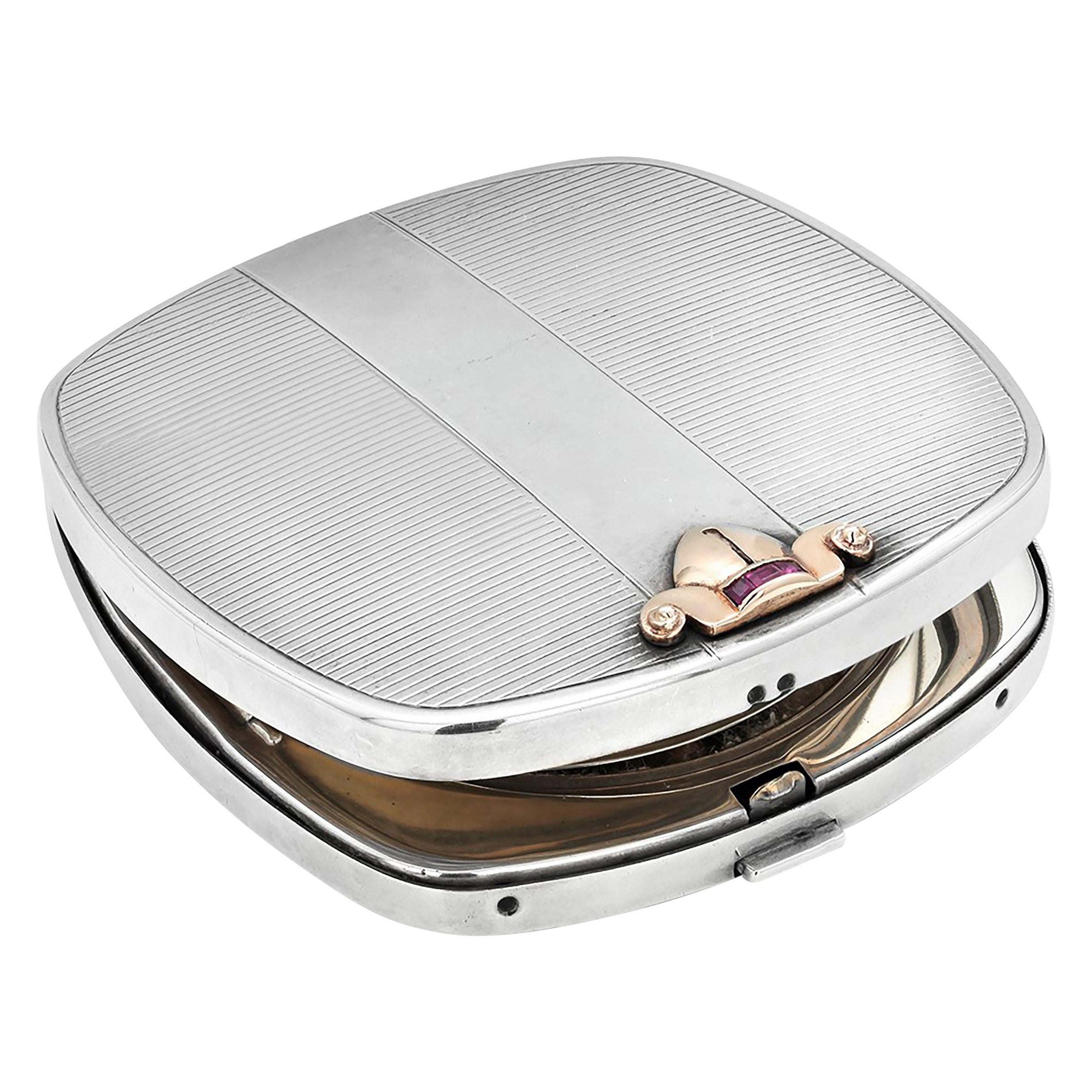 Tiffany Co Vintage Art Deco Sterling Yellow Gold Ruby Compact Makeup 3 Inch Case