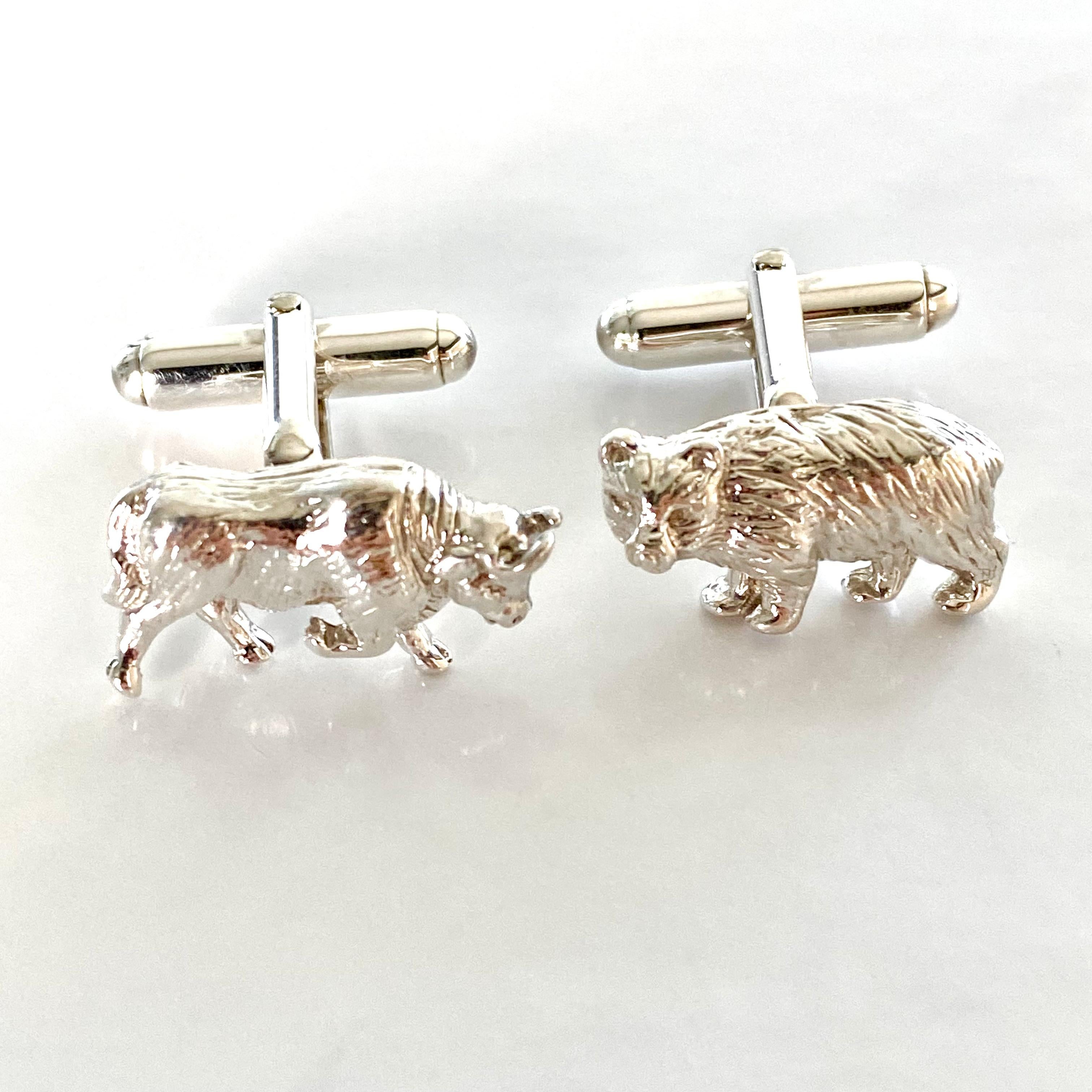 Tiffany Co VIntage Bear and Bull Sterling Silver One Inch Cufflinks  1